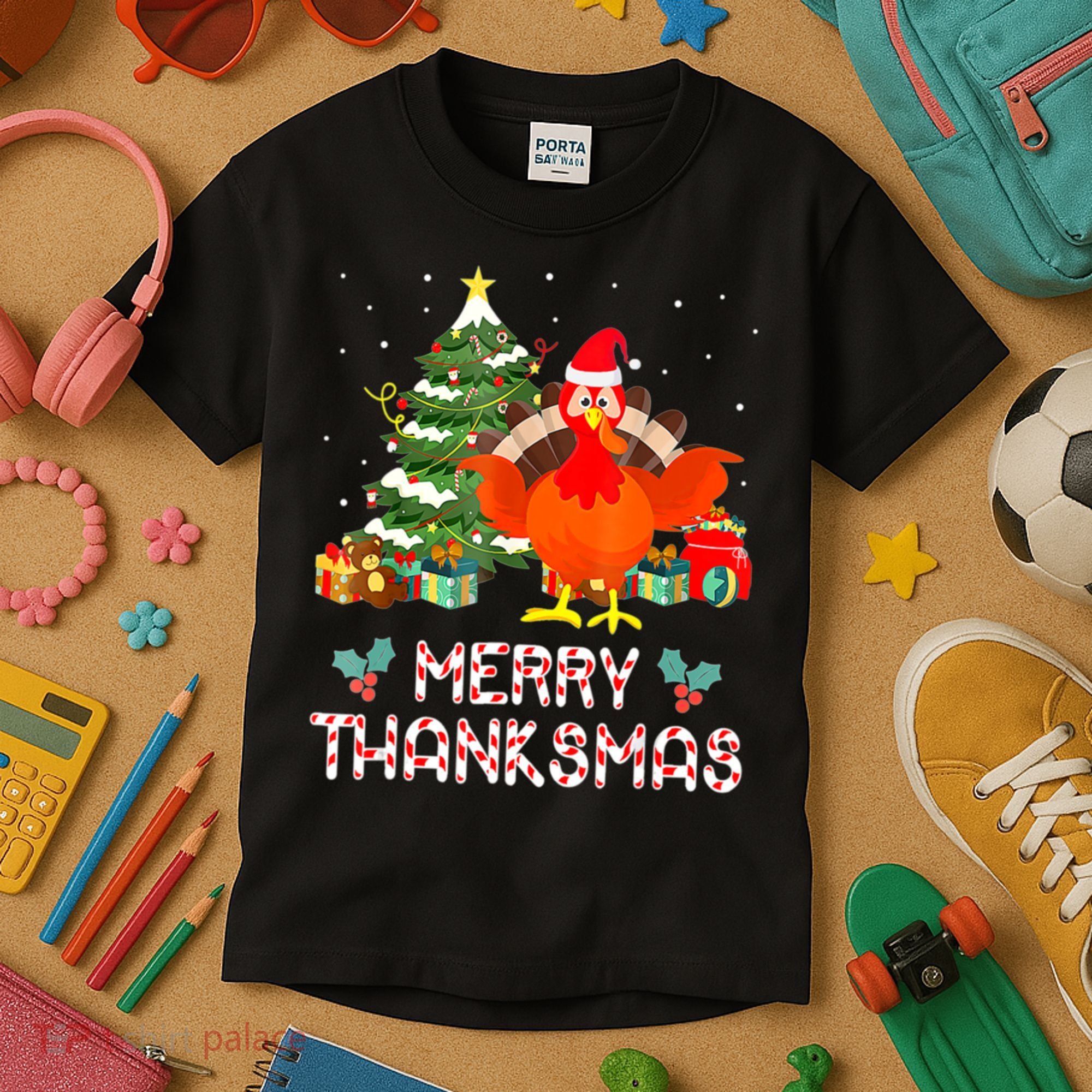 Turkey Santa Merry Thanksmas Christmas Thanksgiving Kids T-Shirt