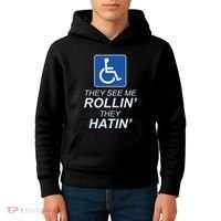They See Me Rollin They Hatin Funny Wheelchair Graphic Kids Hoodie thumb 4