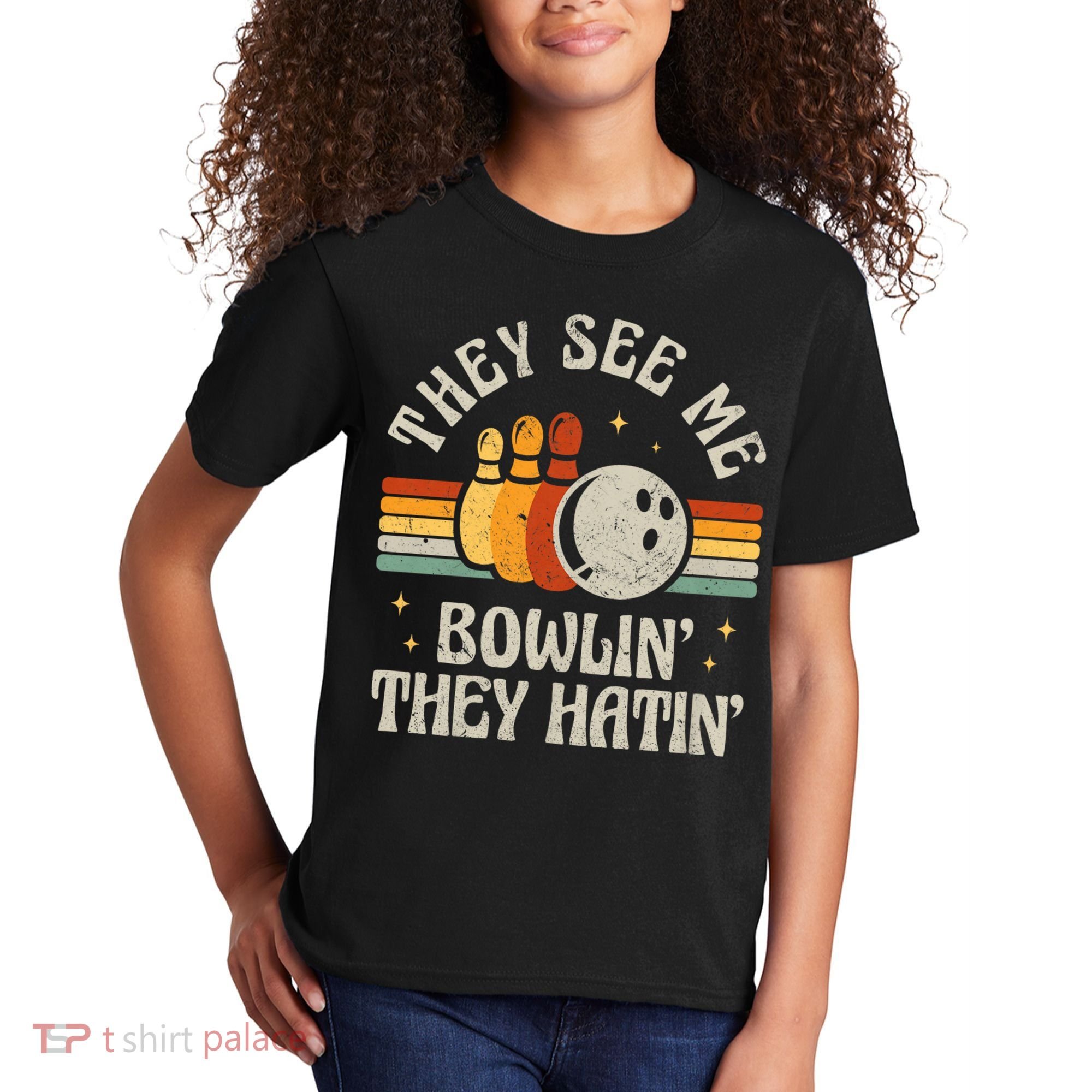 They See Me Bowlin They Hatin Retro Team Bowler Bowling 60s 70s Kids T-Shirt