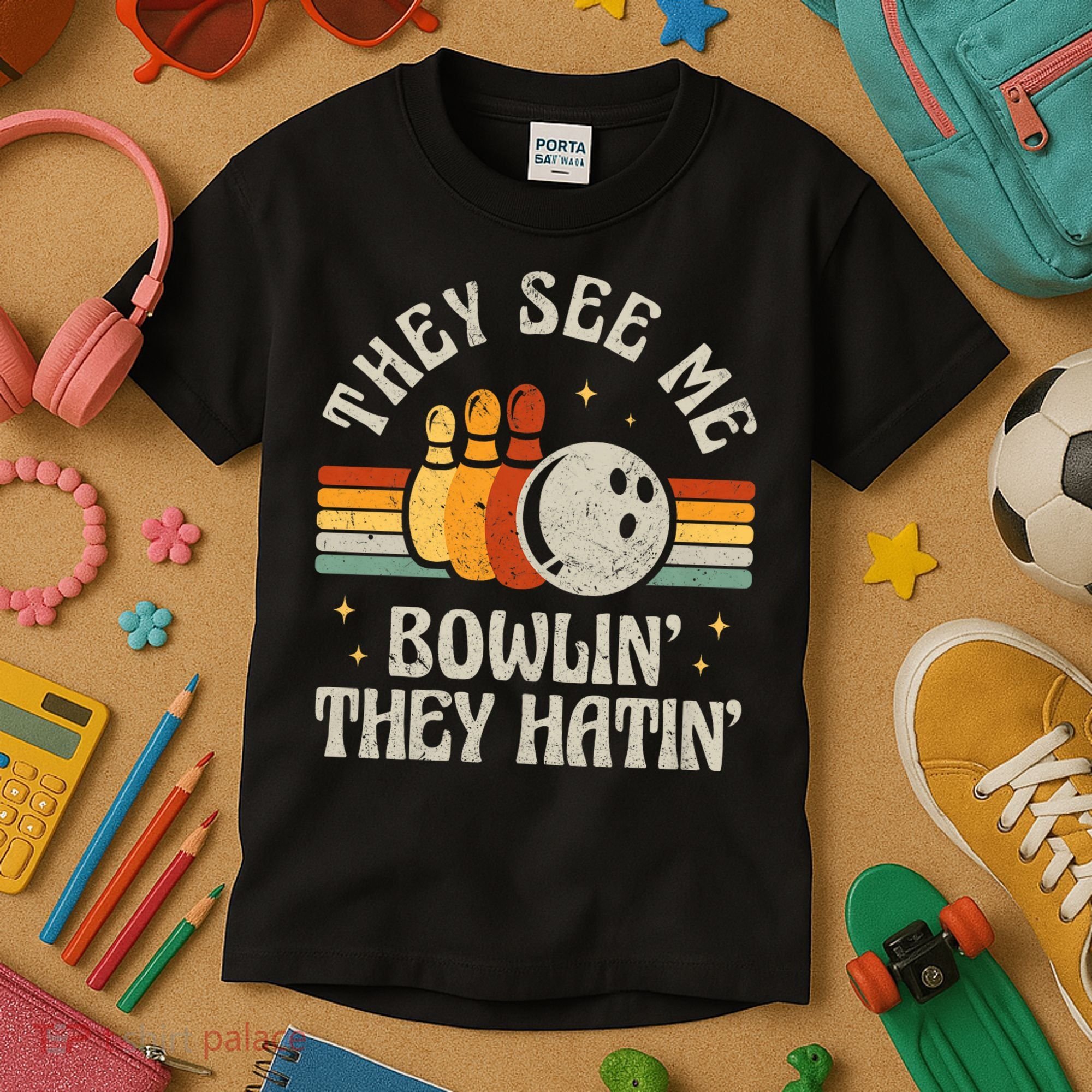 They See Me Bowlin They Hatin Retro Team Bowler Bowling 60s 70s Kids T-Shirt