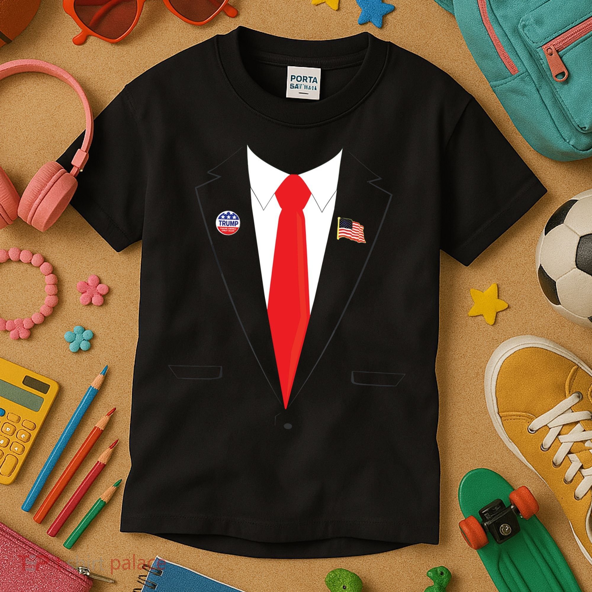 Tuxedo Suit Presidents Day Trump Pin Costume Kids T-Shirt