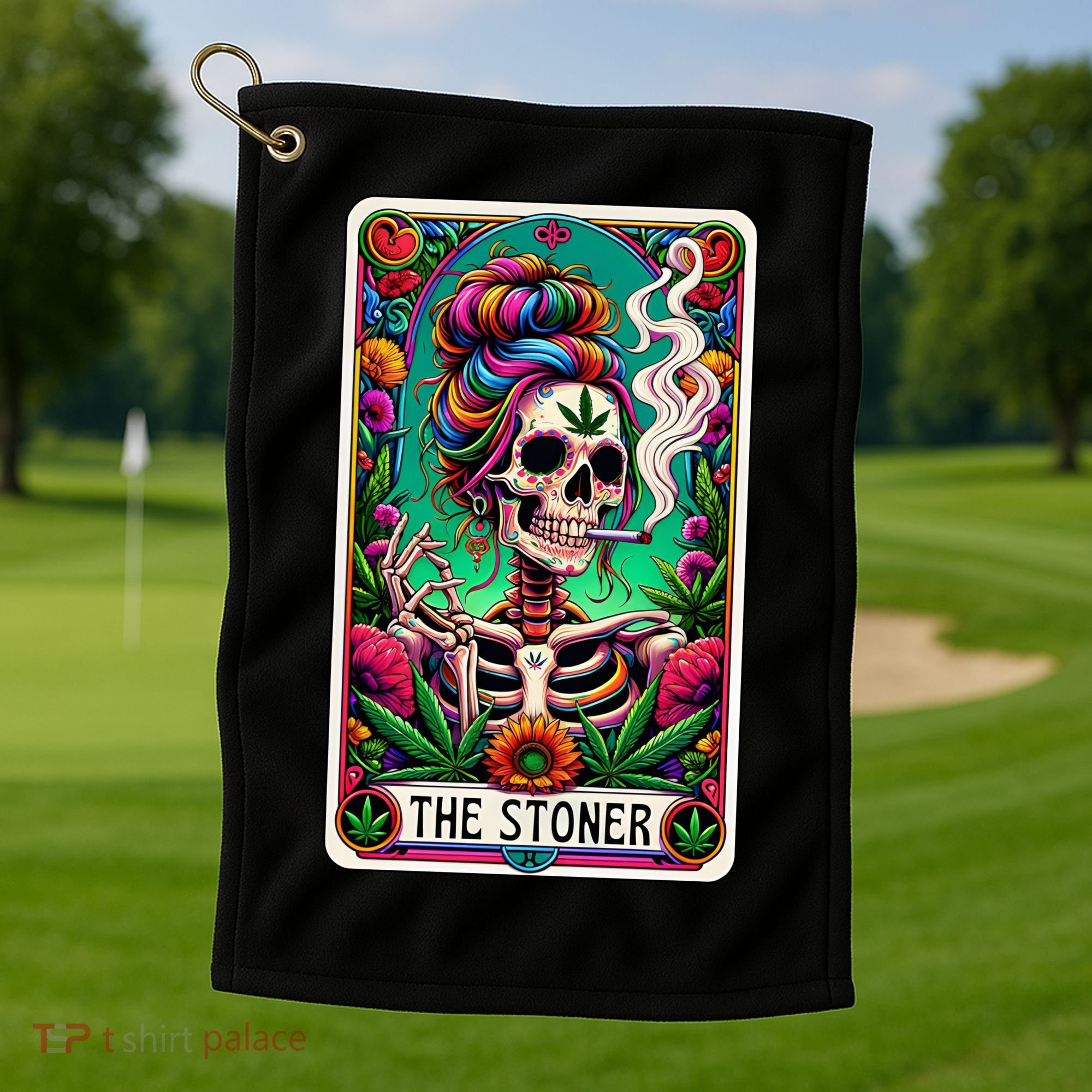 The Stoner Skeleton Tarot Card Funny 420 Cannabis Golf Towel