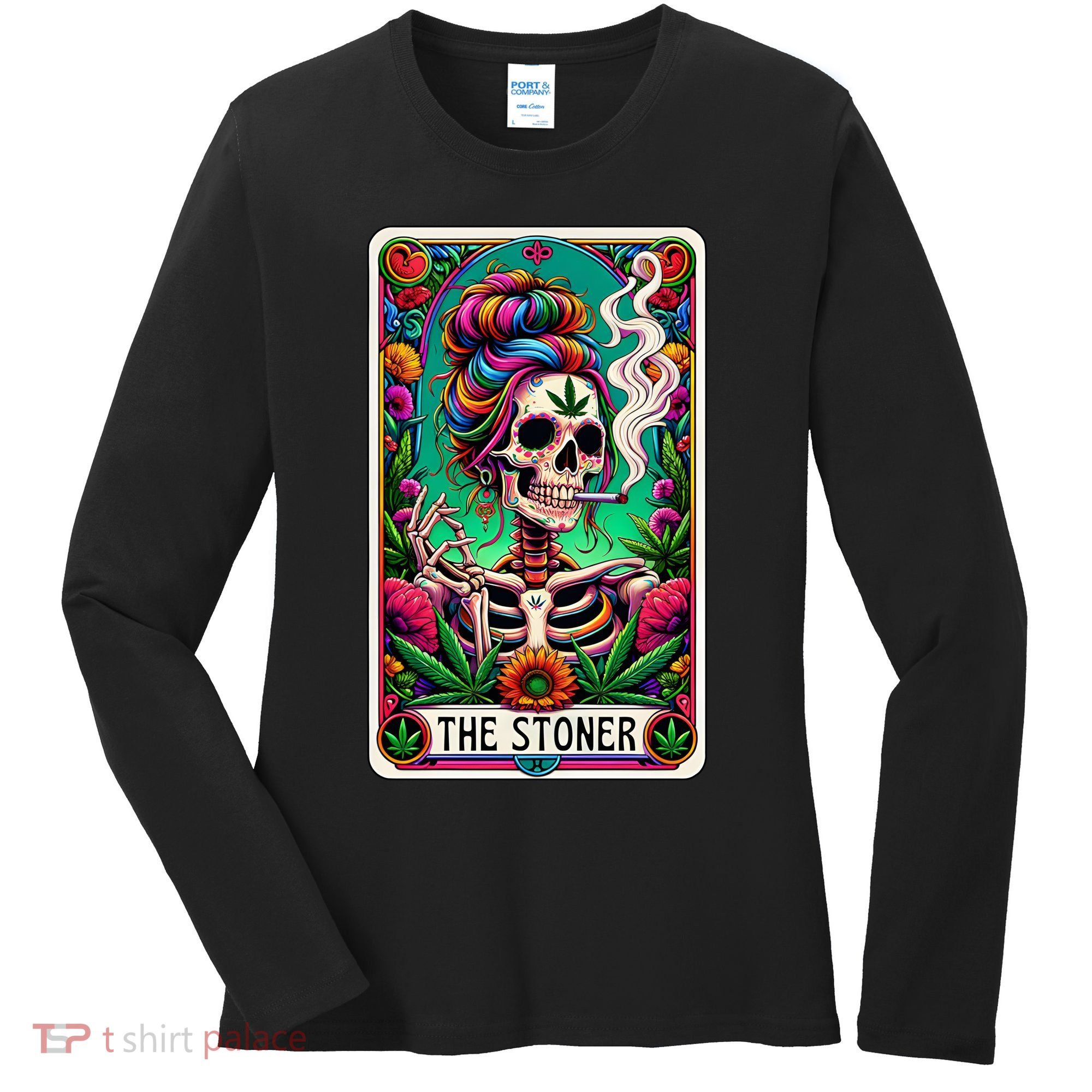 The Stoner Skeleton Tarot Card Funny 420 Cannabis Women's Long Sleeve Shirt