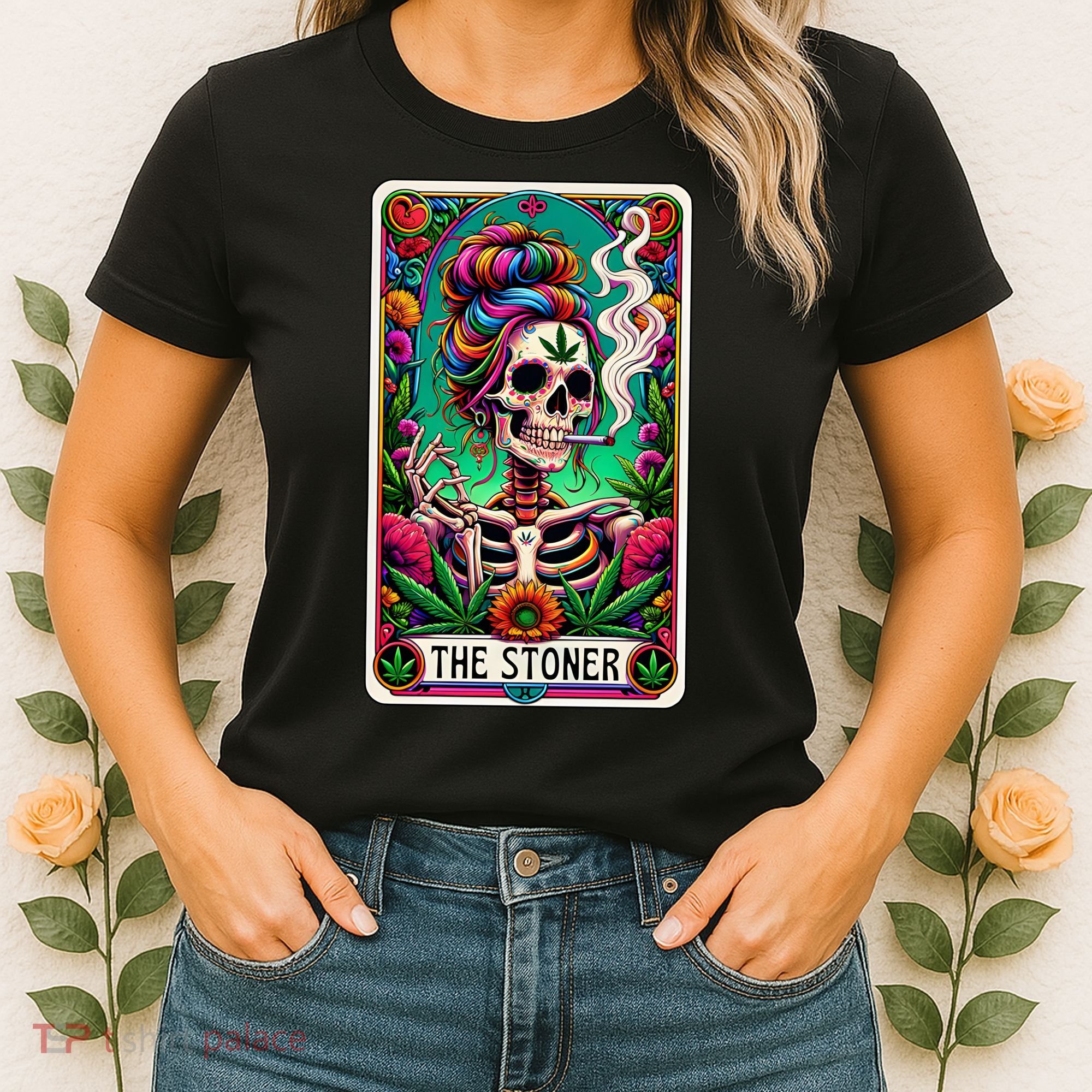 The Stoner Skeleton Tarot Card Funny 420 Cannabis Women's T-Shirt