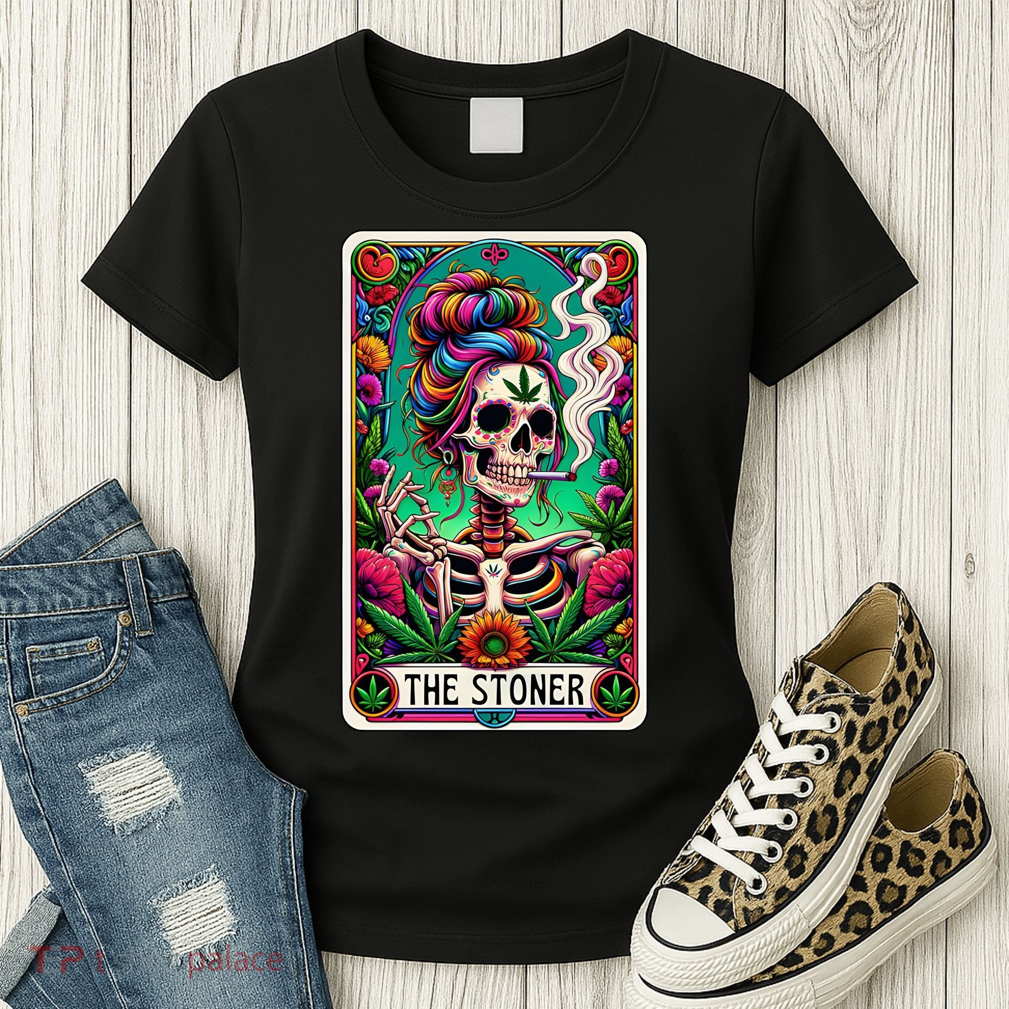 The Stoner Skeleton Tarot Card Funny 420 Cannabis Women's T-Shirt