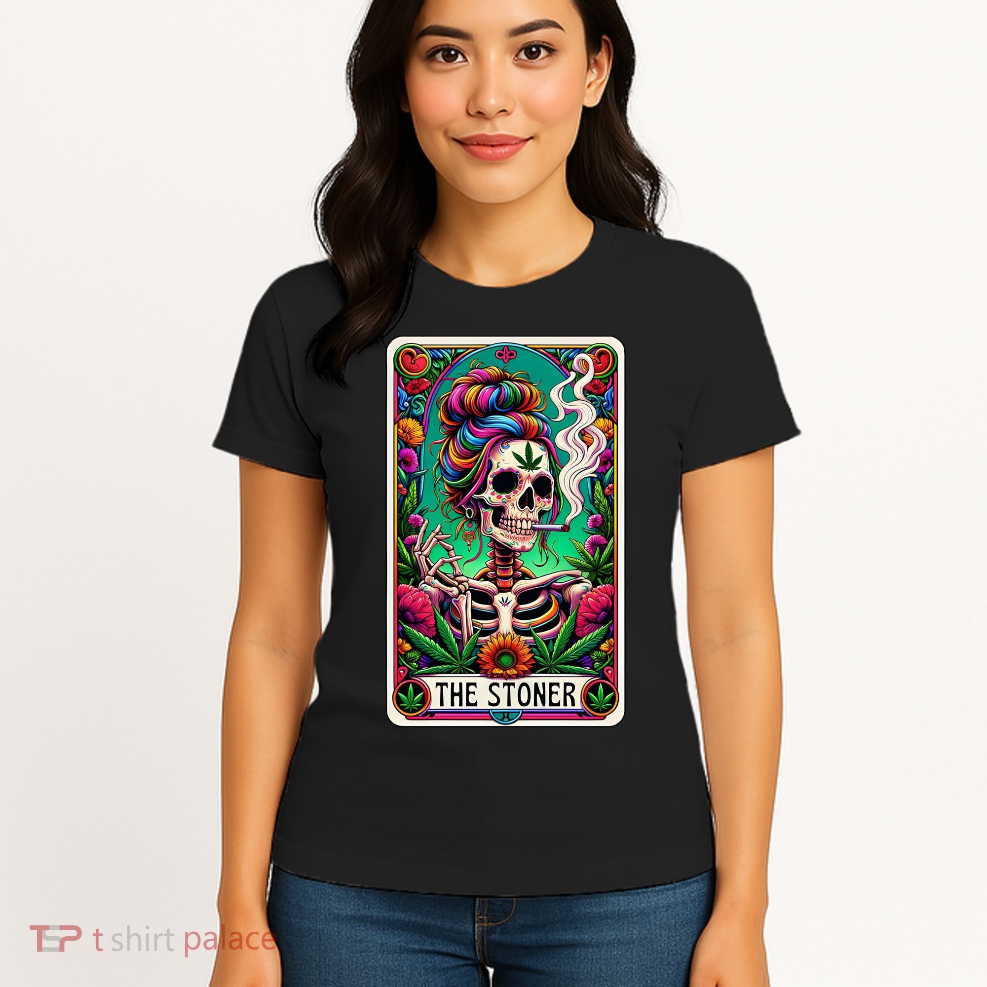 The Stoner Skeleton Tarot Card Funny 420 Cannabis Women's T-Shirt