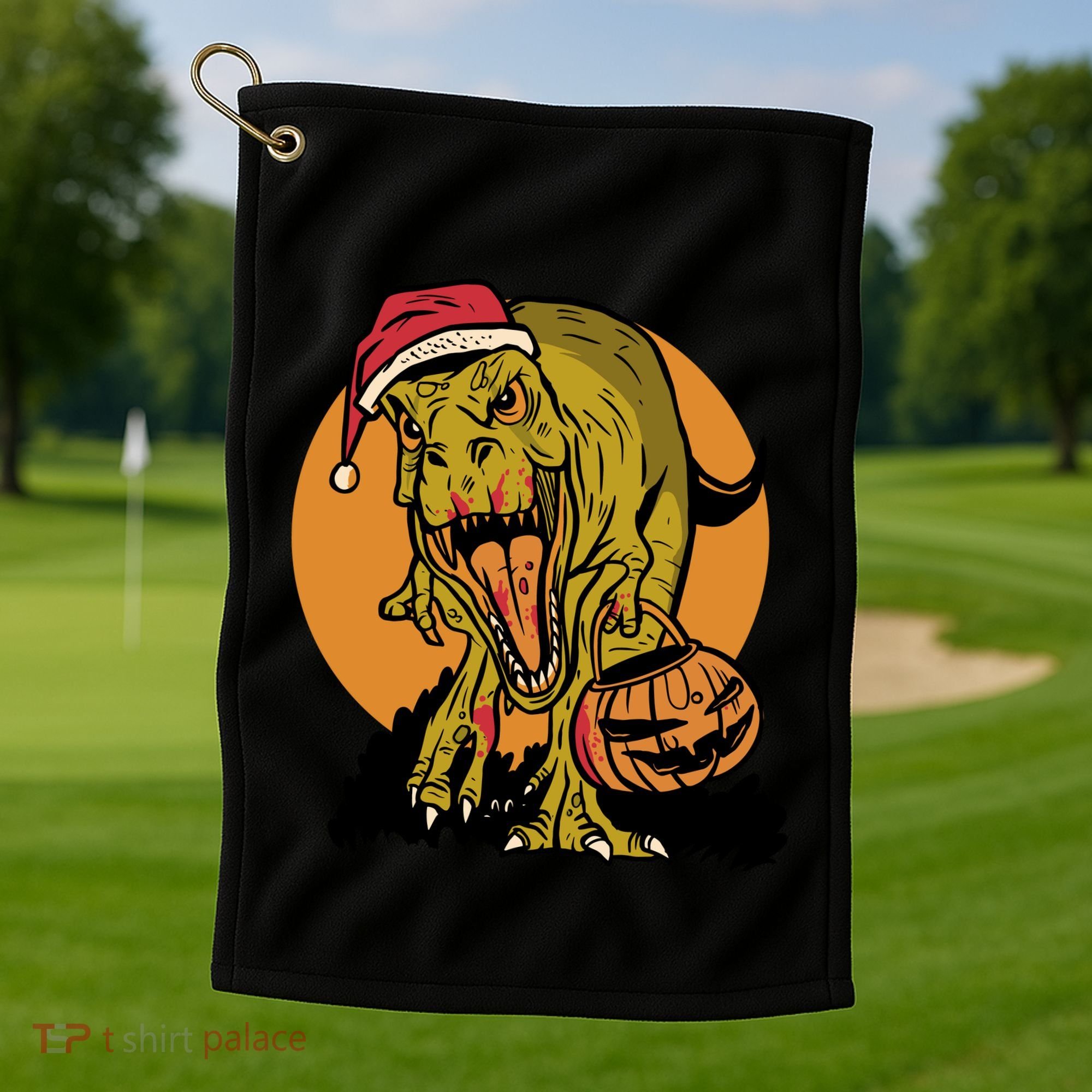 TRex Santa Trick Or Treating Halloween Funny Golf Towel