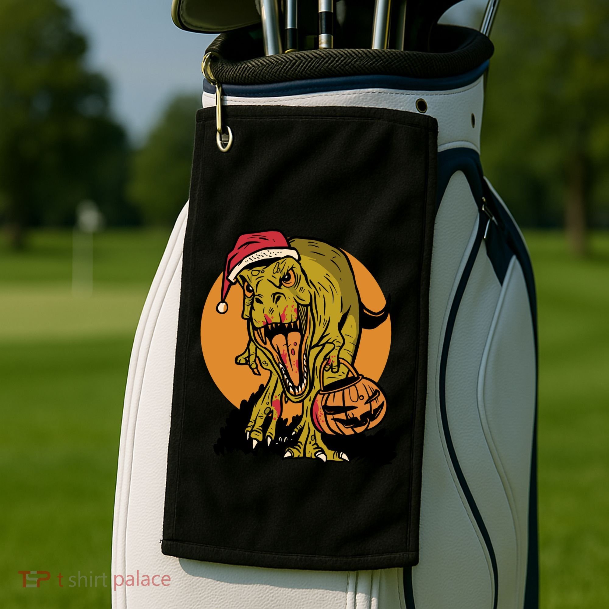 TRex Santa Trick Or Treating Halloween Funny Golf Towel