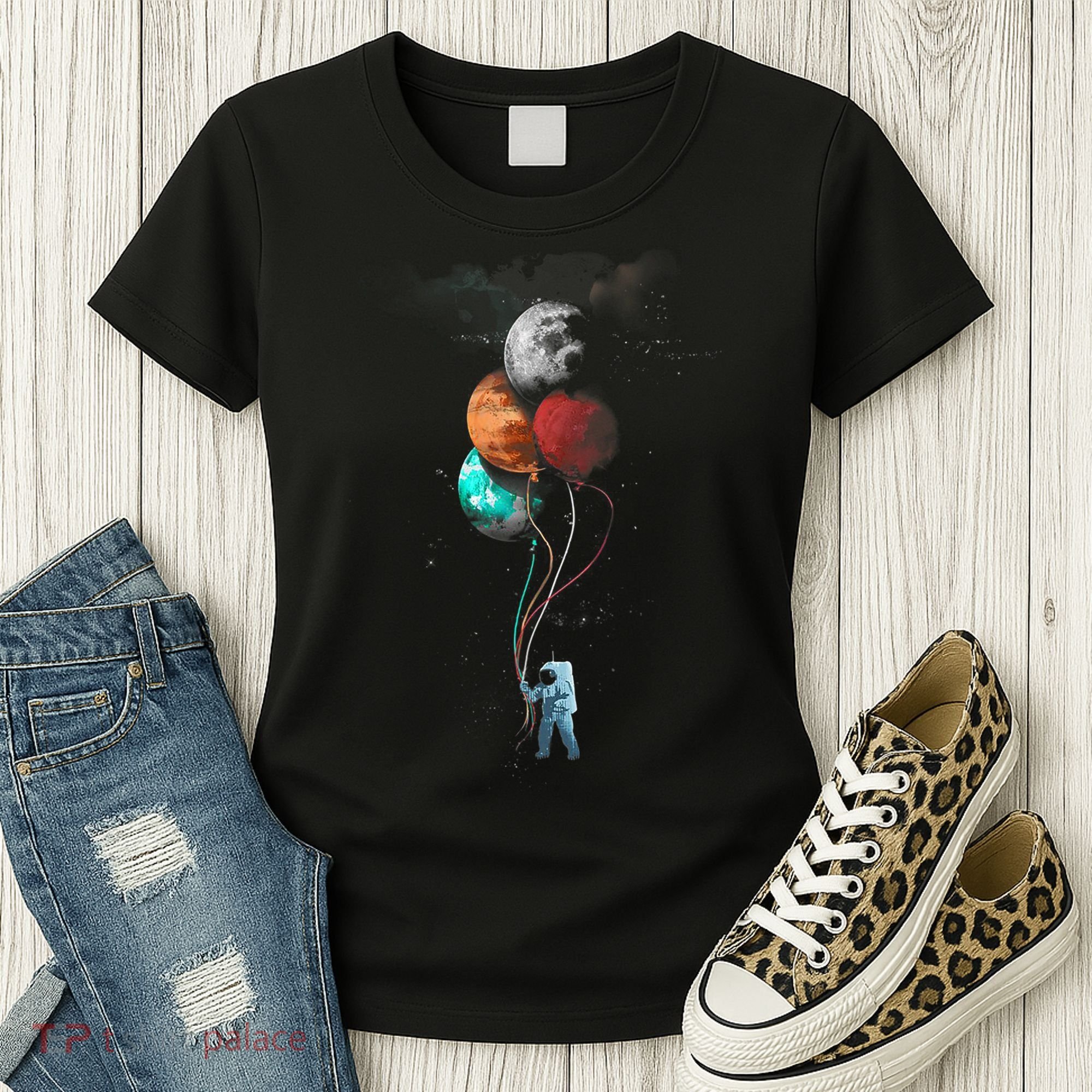 The Spaceman's Trip Astronaut Space Planets Balloons Women's T-Shirt
