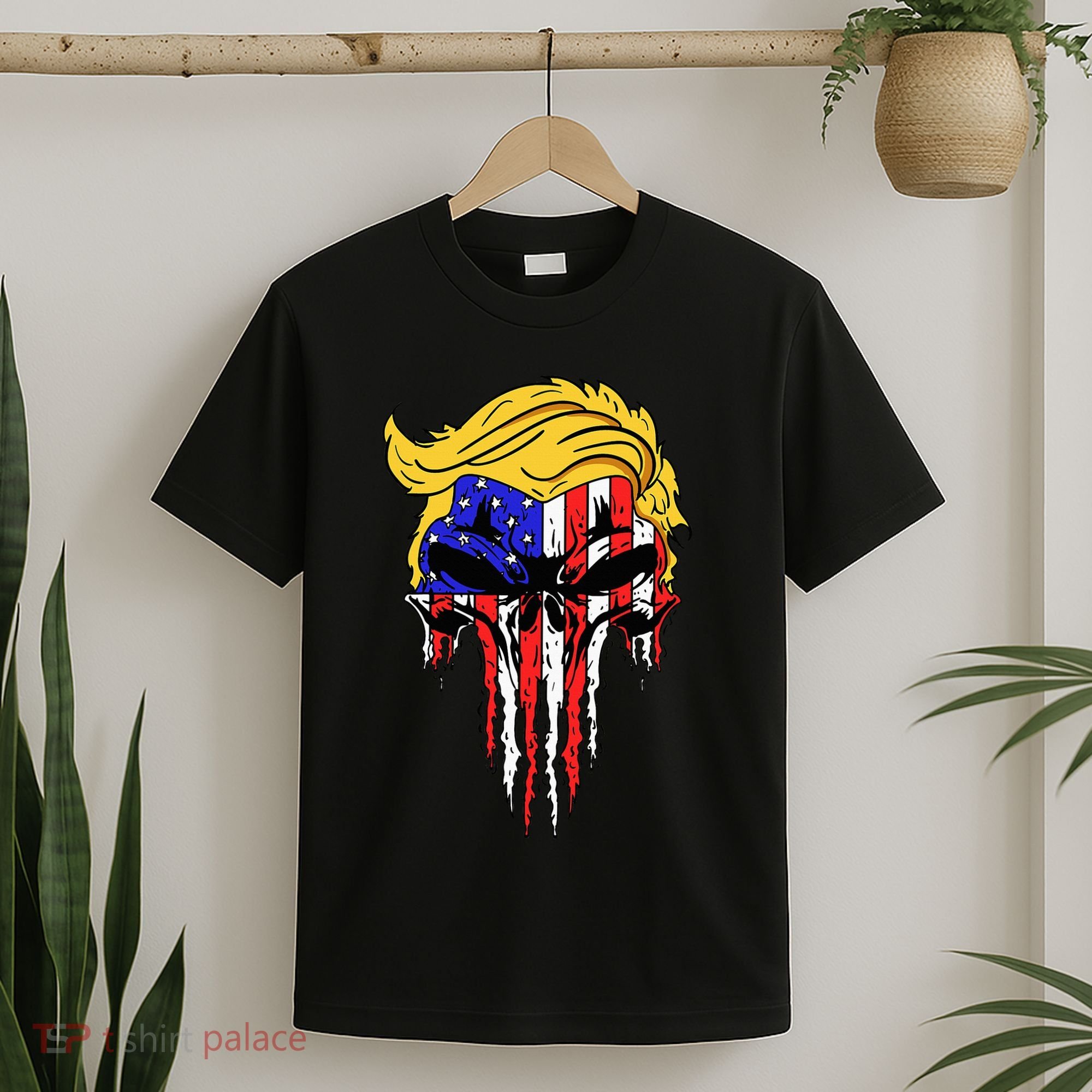 Trump Skull Usa Flag Hair Funny President Gift T-Shirt