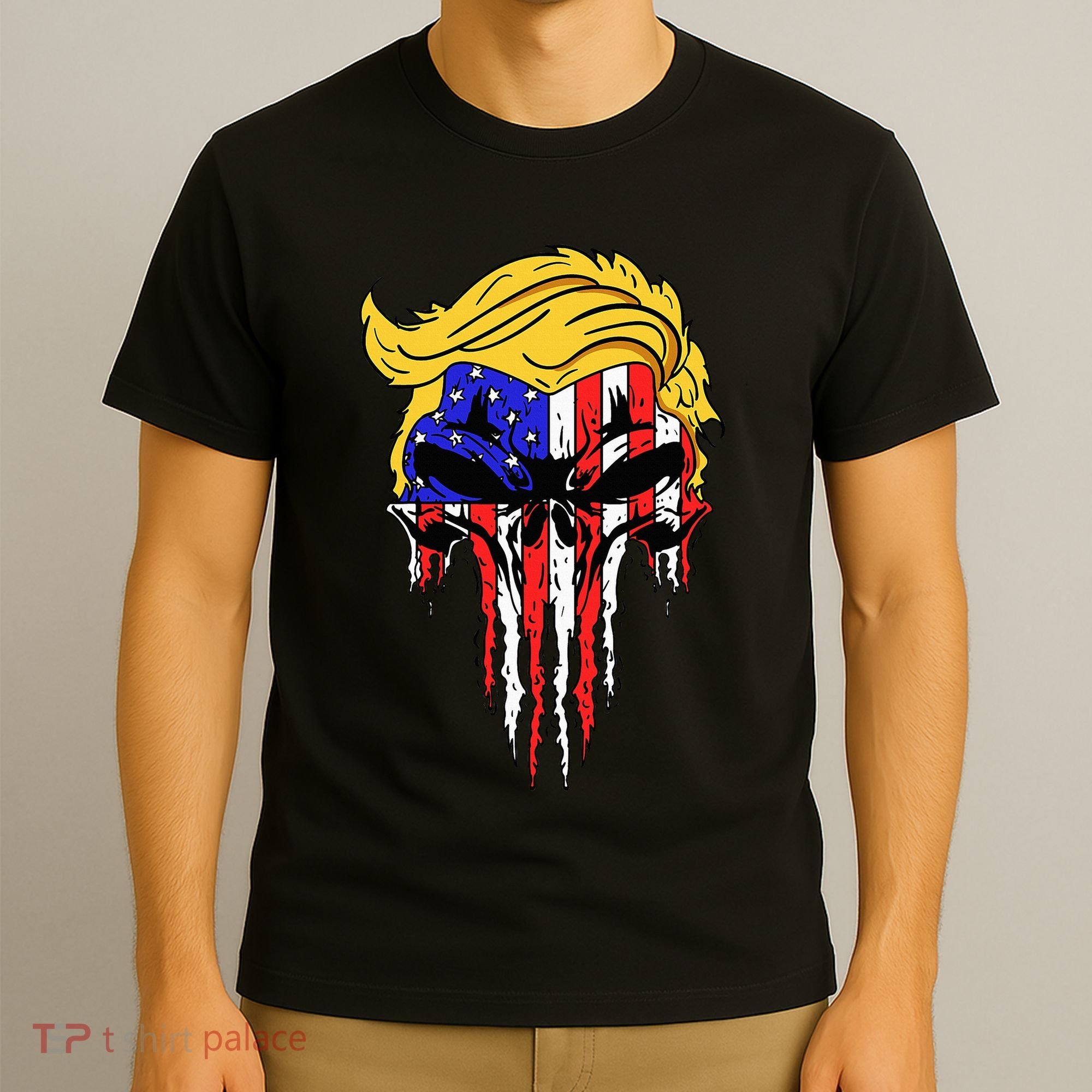 Trump Skull Usa Flag Hair Funny President Gift T-Shirt