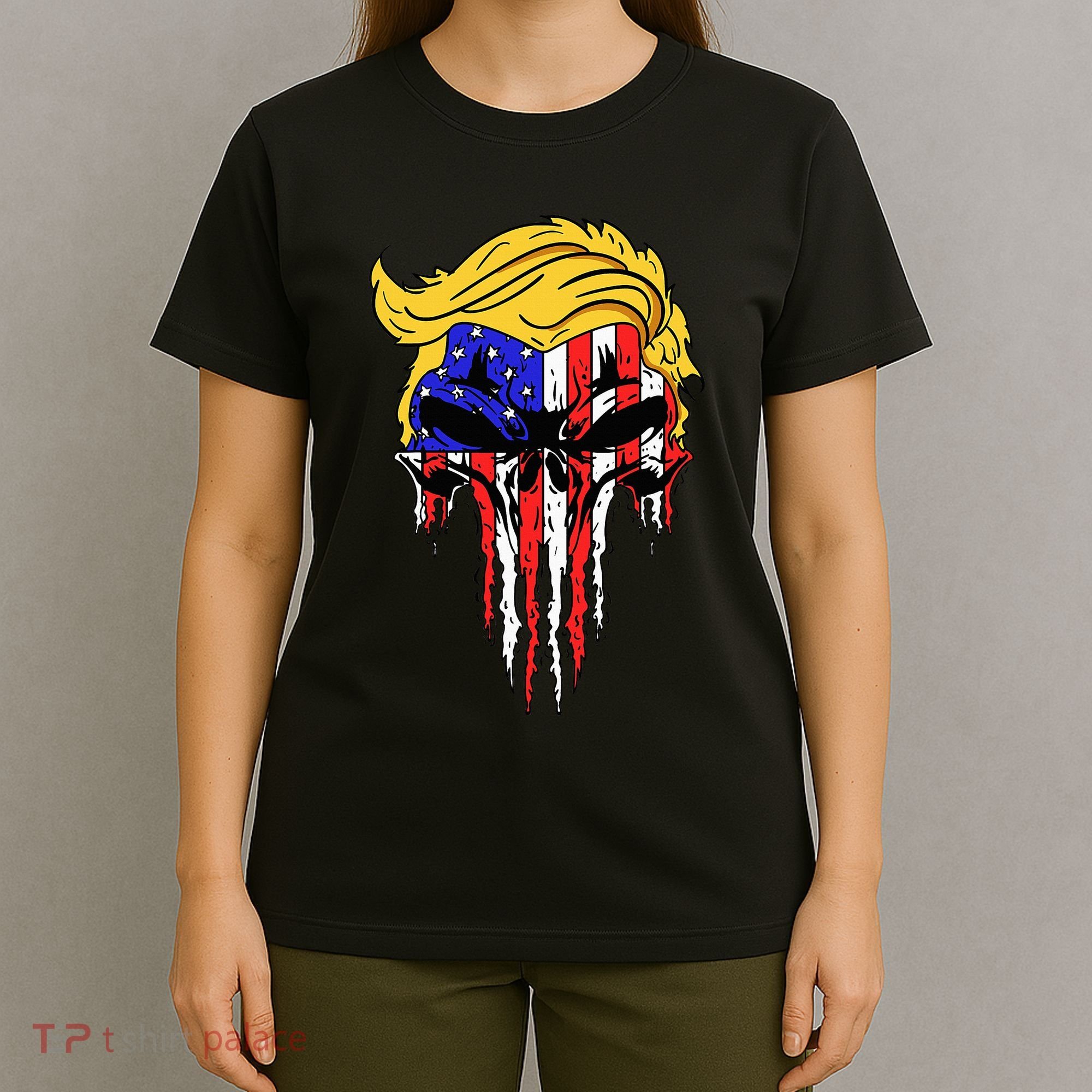 Trump Skull Usa Flag Hair Funny President Gift T-Shirt