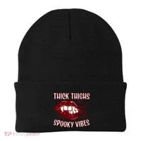 Thick Thighs And Spooky Vibes Vampire Bat Lips Gift Beanie thumb 0