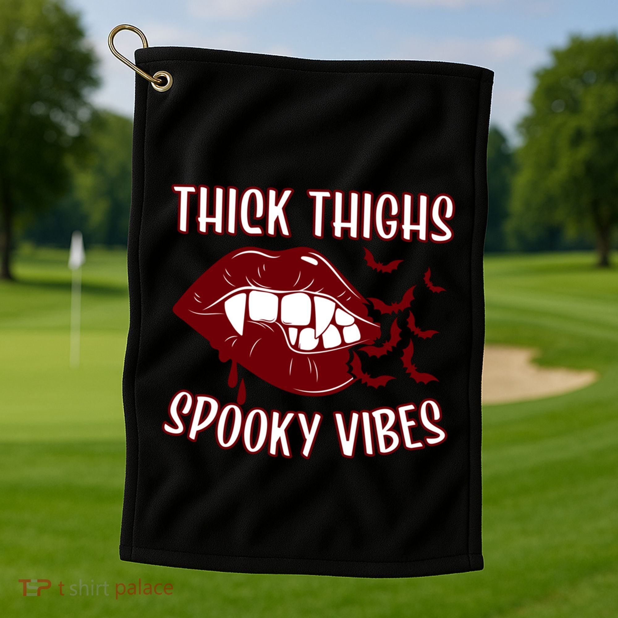 Thick Thighs And Spooky Vibes Vampire Bat Lips Gift Golf Towel