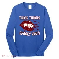 Thick Thighs And Spooky Vibes Vampire Bat Lips Gift Long Sleeve Shirt thumb 0