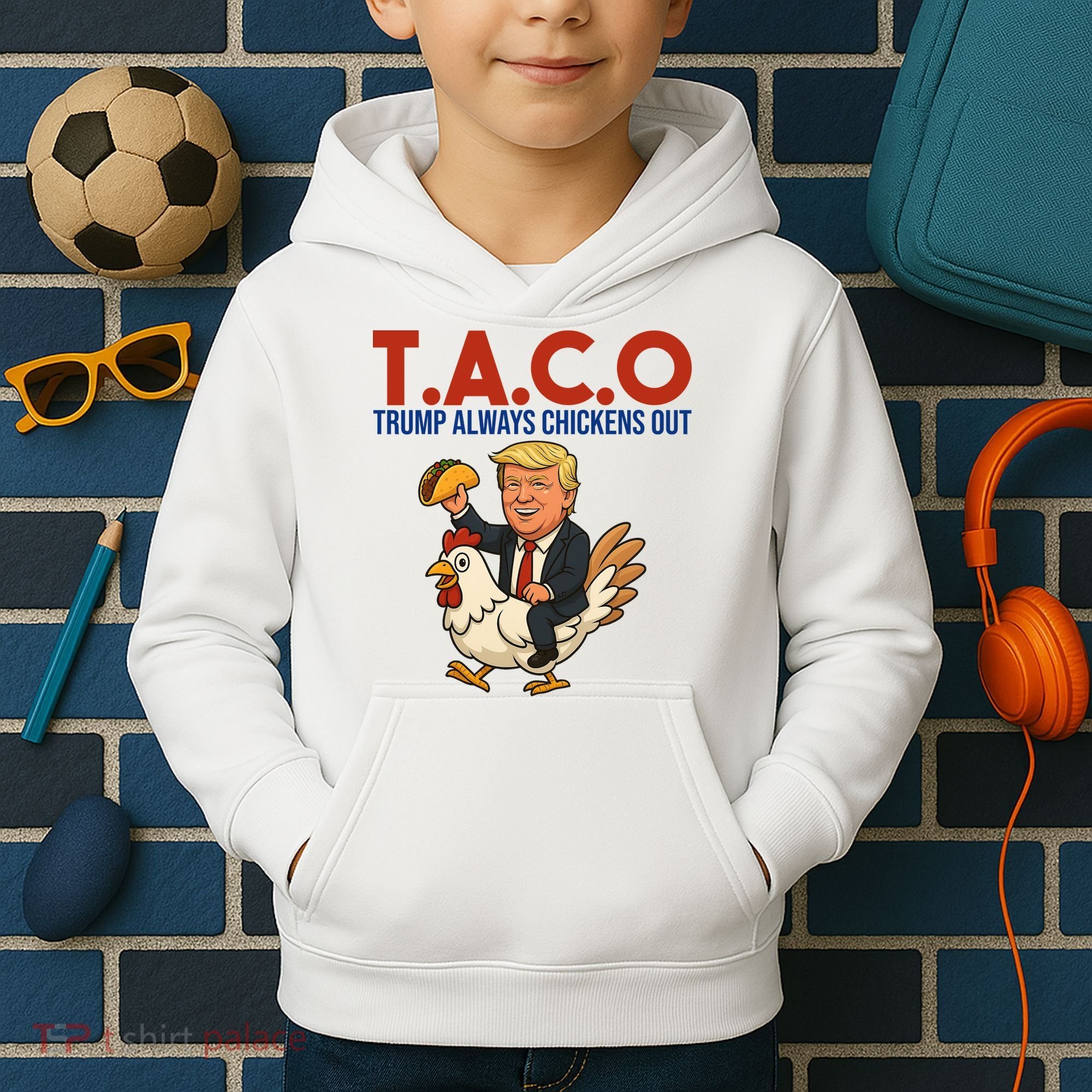 Taco Trump Always Chickens Out Riding A Chicken Kids Hoodie