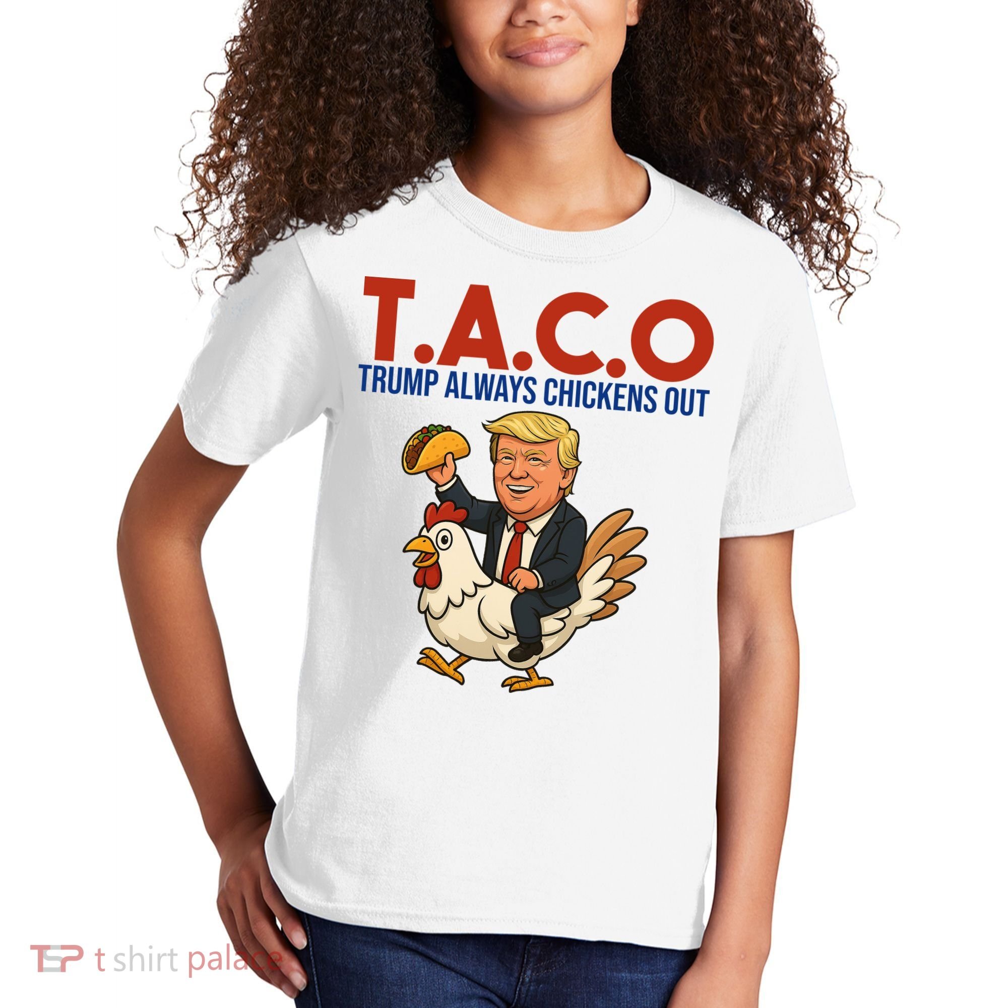 Taco Trump Always Chickens Out Riding A Chicken Kids T-Shirt