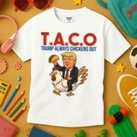 Taco Trump Always Chickens Out Riding A Chicken Kids T-Shirt thumb 3