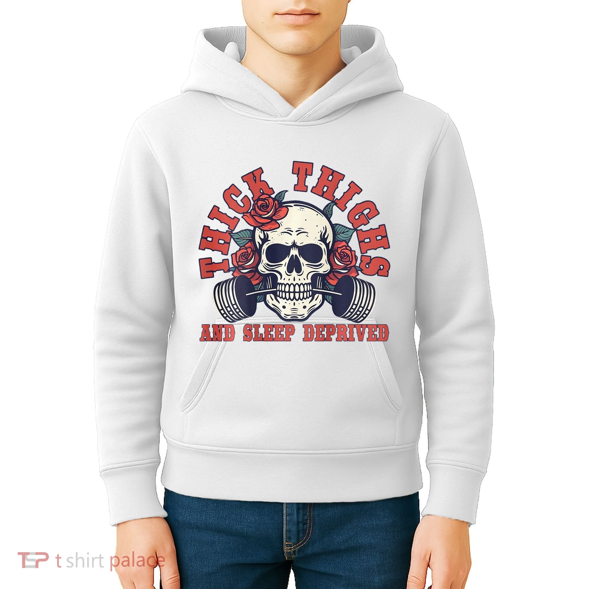 Thick Thighs And Sleep Deprived On Back Kids Hoodie