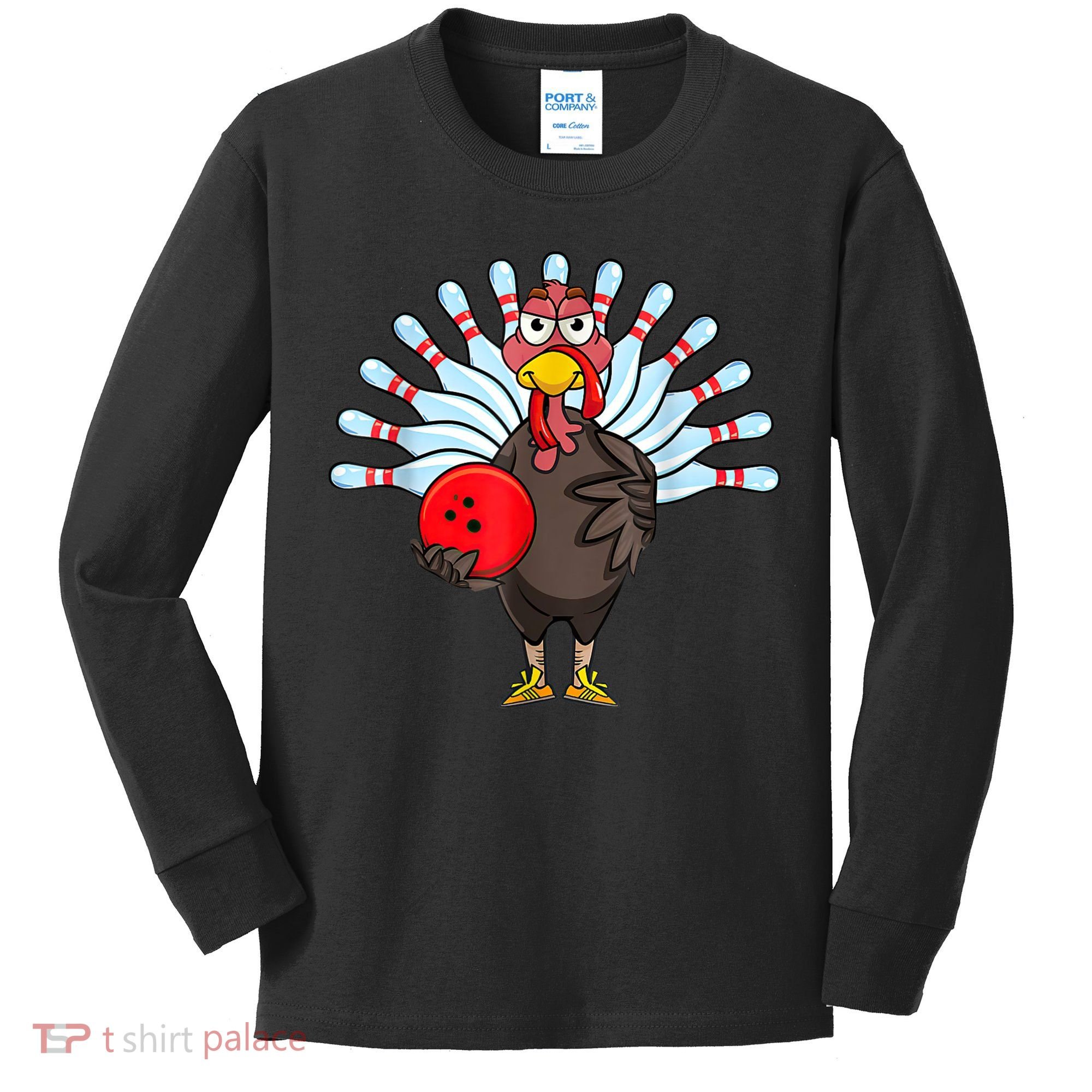 Thanksgiving Turkey Bowling Pin Matching Team Kids Long Sleeve Shirt
