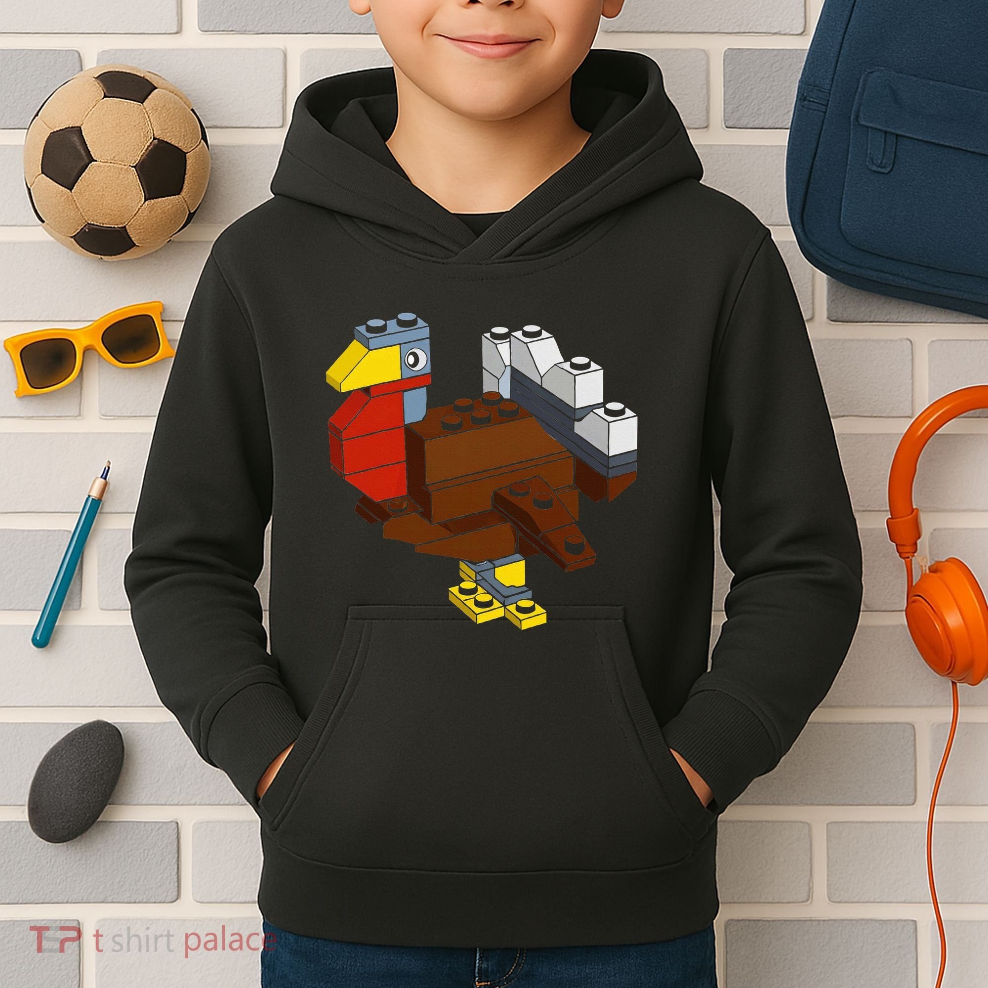Turkey Thanksgiving Block Brick Building Master Builder Kids Hoodie