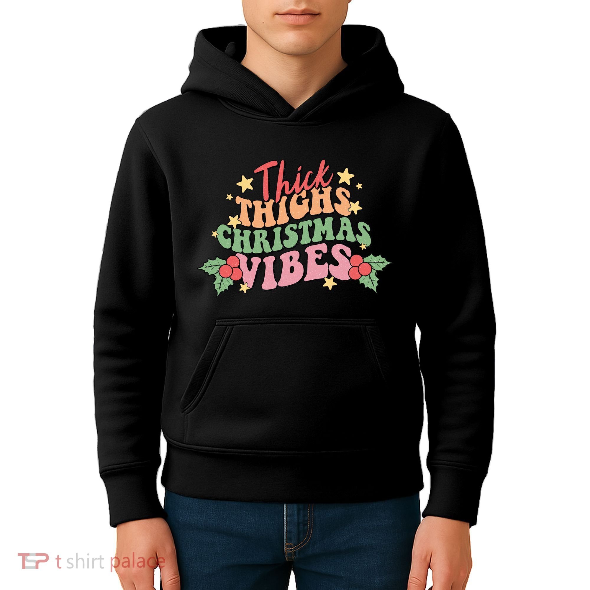Thick Thighs Christmas Vibes Retro Holiday Funny Kids Hoodie