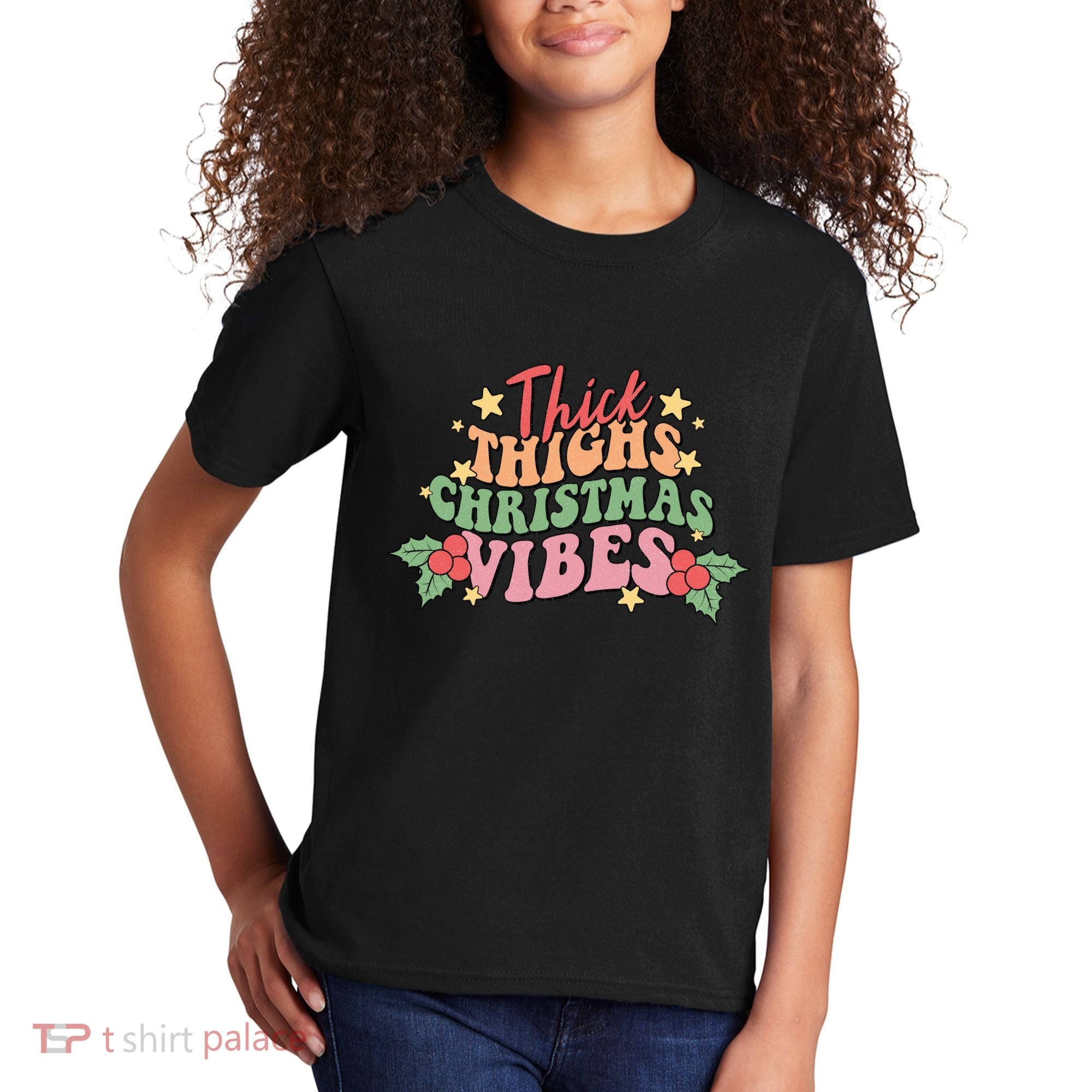 Thick Thighs Christmas Vibes Retro Holiday Funny Kids T-Shirt