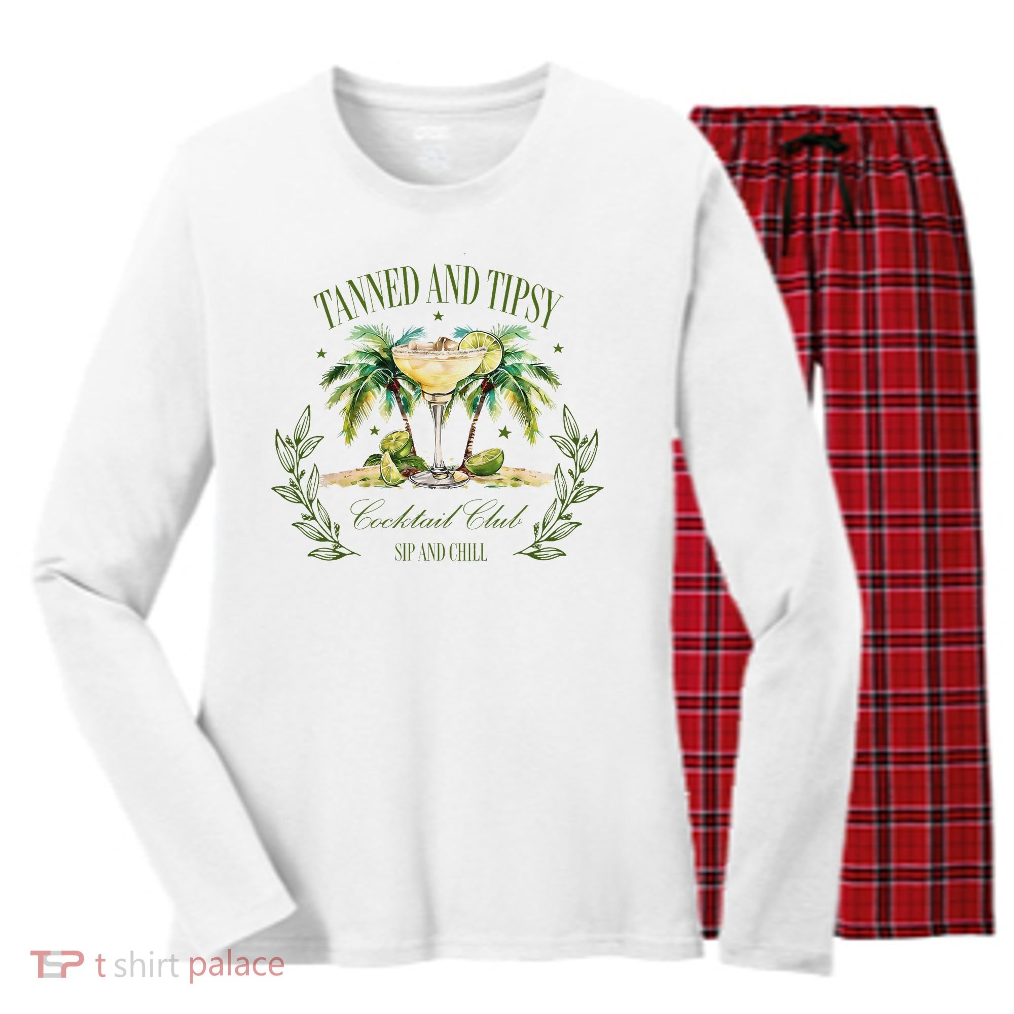 Tanned & Tipsy Cocktail Club Sip & Chill Summer Hawaii Beach Women's Long Sleeve Flannel Pajama Set 