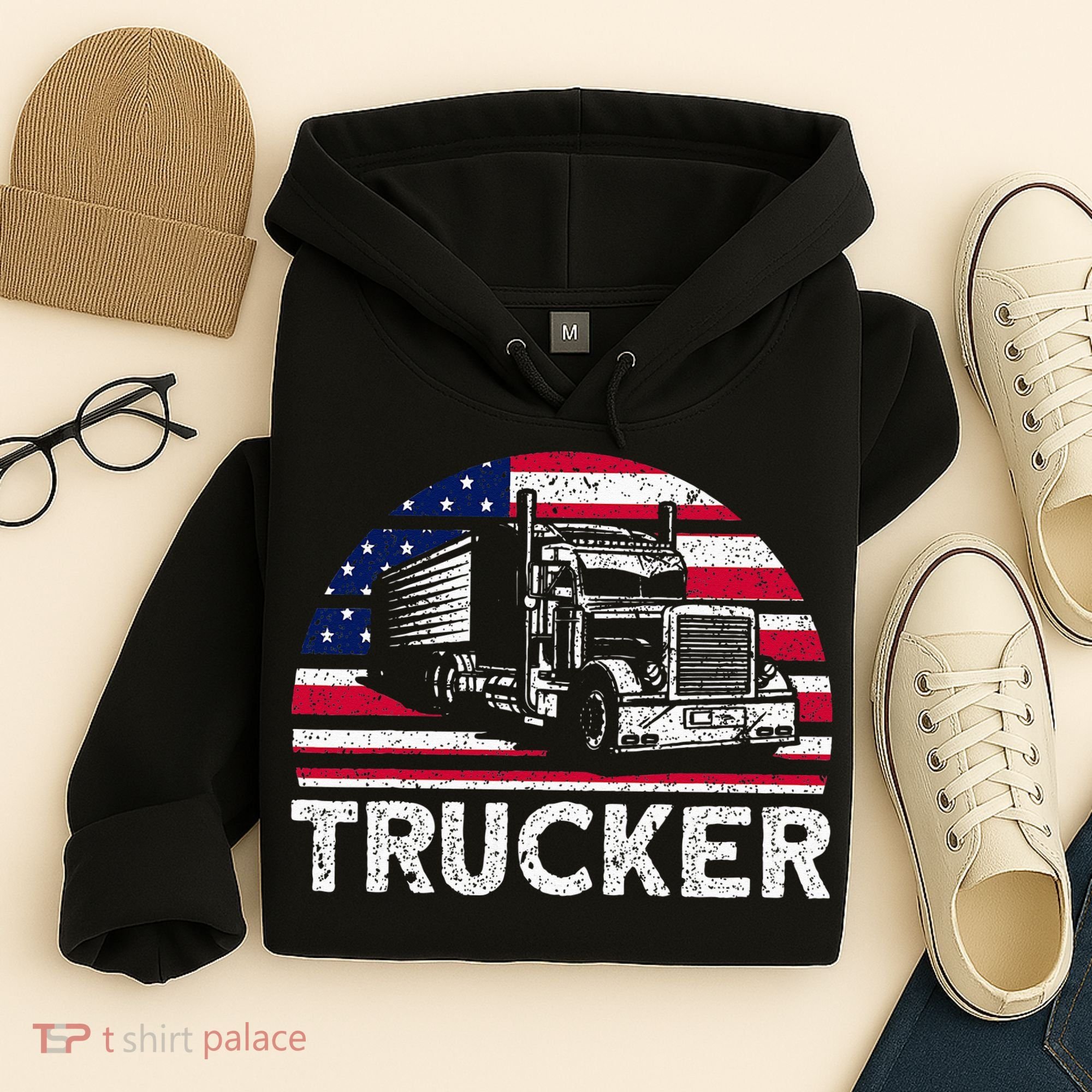 Trucker Truck Driver American Flag Trucker Hoodie
