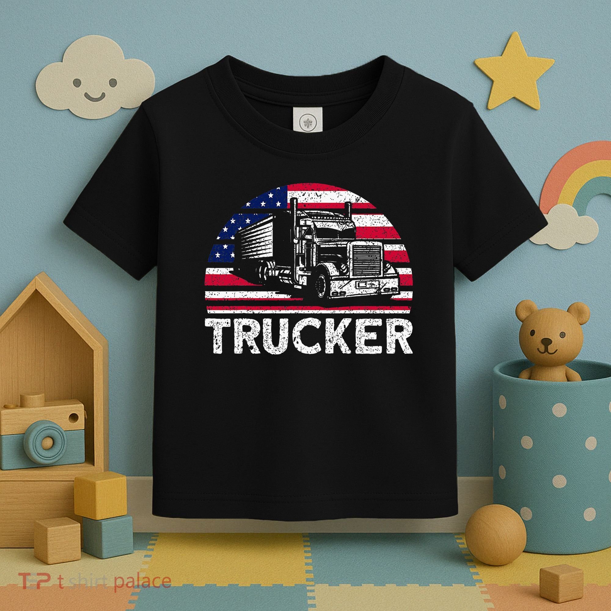 Trucker Truck Driver American Flag Trucker Toddler T-Shirt
