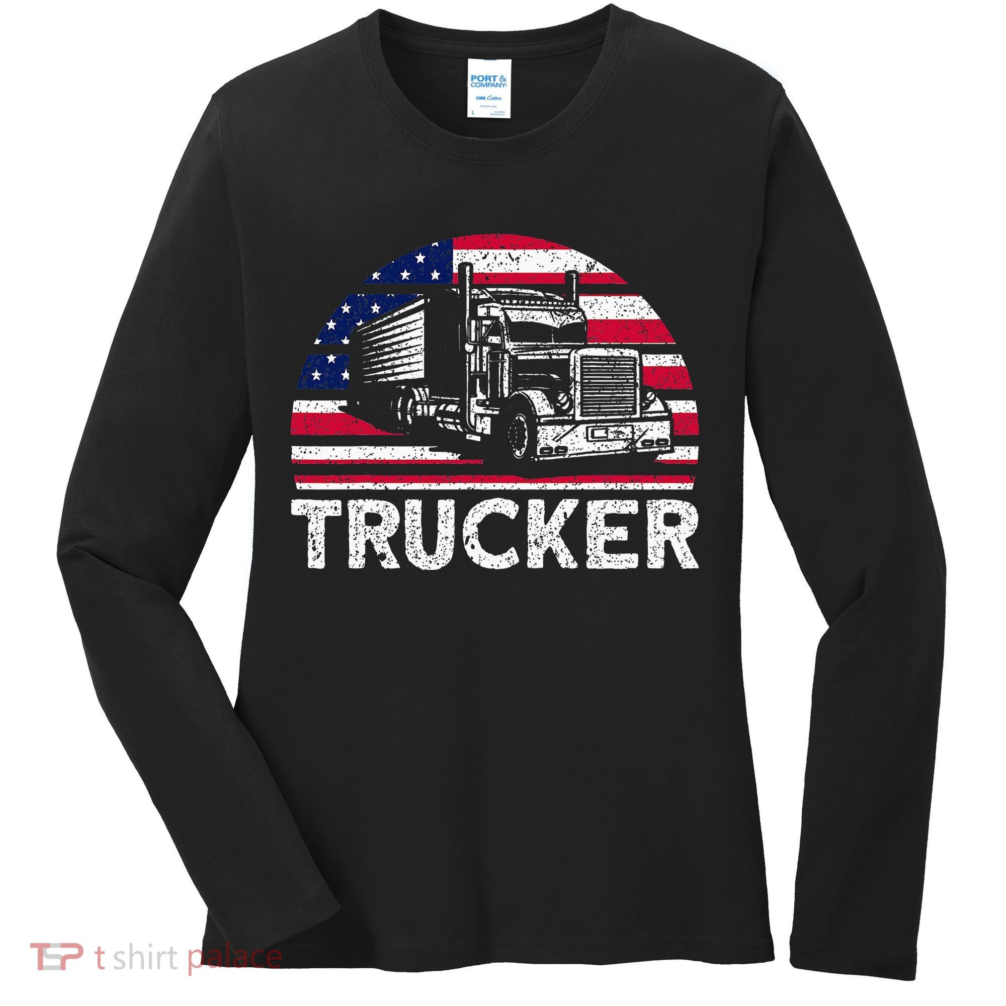 Trucker Truck Driver American Flag Trucker Women's Long Sleeve Shirt