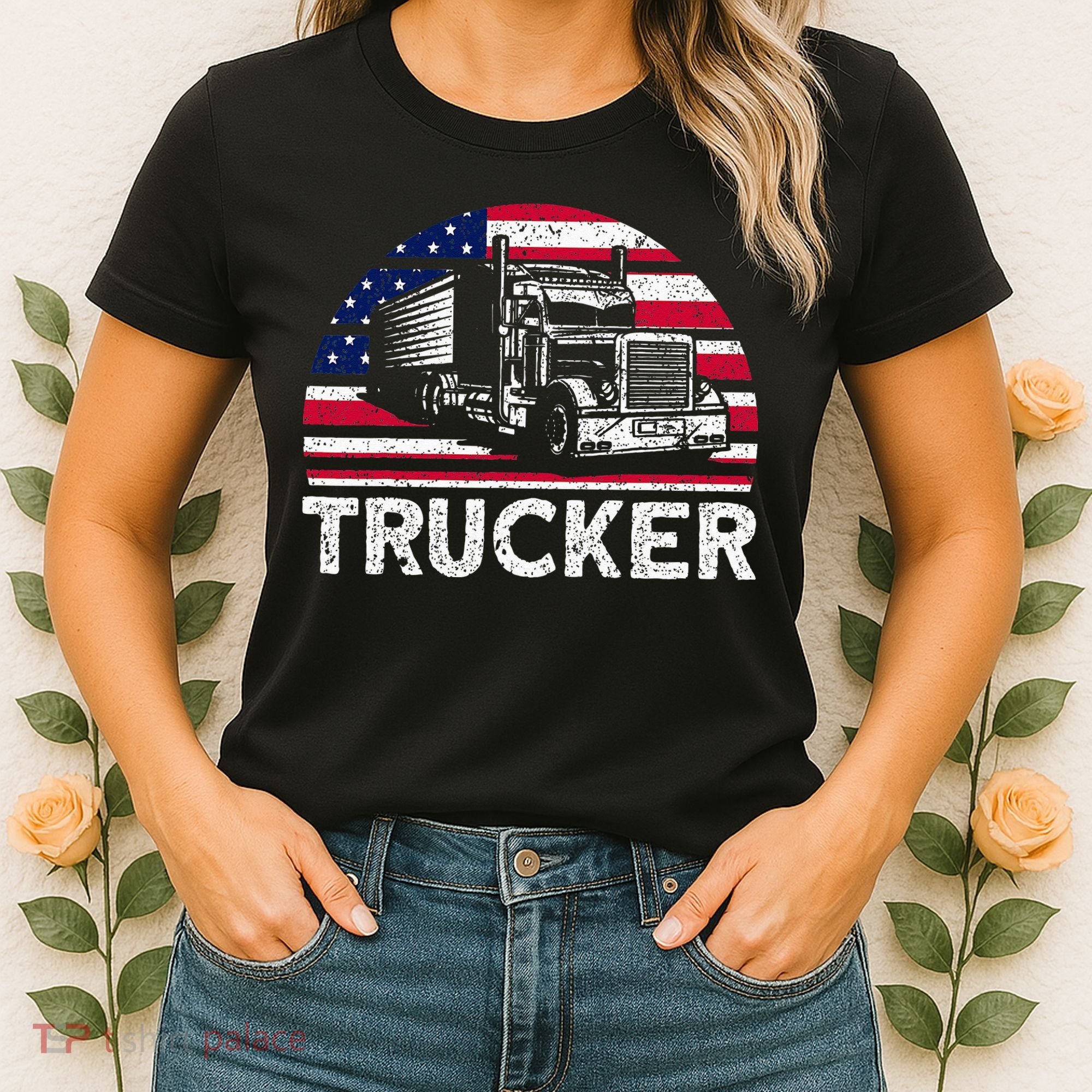 Trucker Truck Driver American Flag Trucker Women's T-Shirt