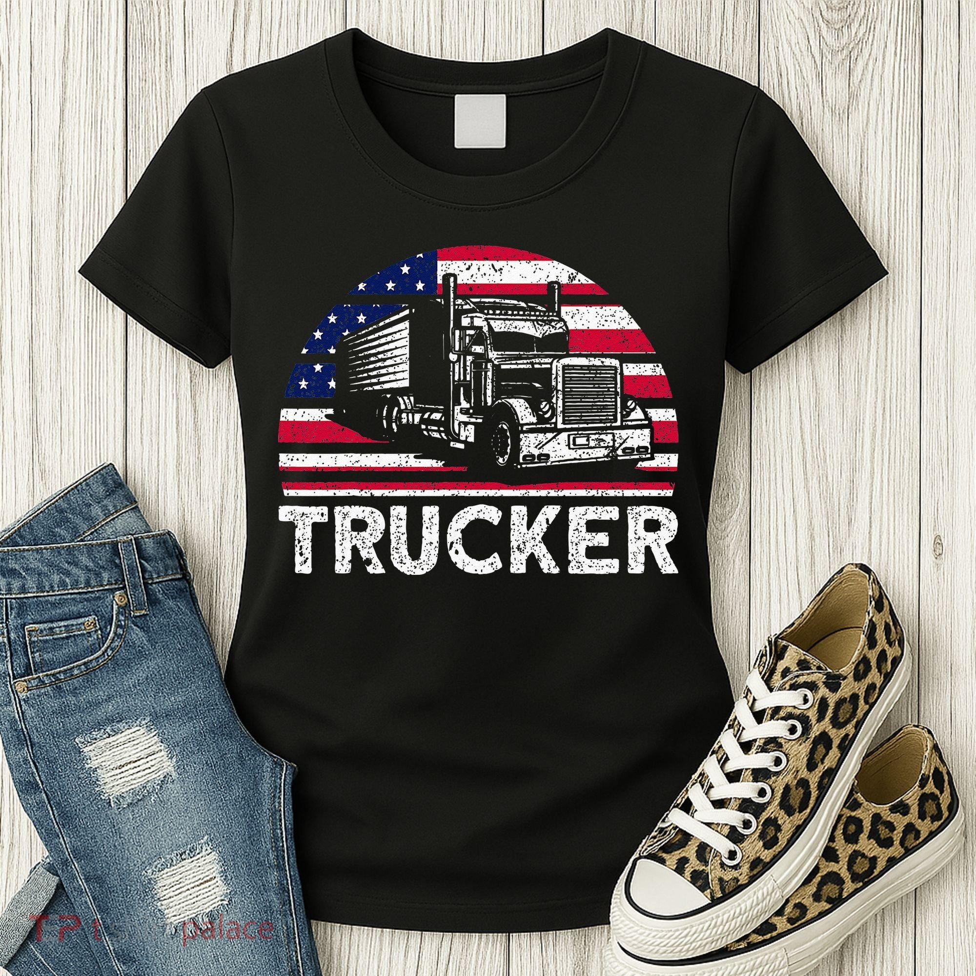 Trucker Truck Driver American Flag Trucker Women's T-Shirt
