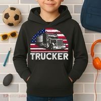 Trucker Truck Driver American Flag Trucker Kids Hoodie thumb 2