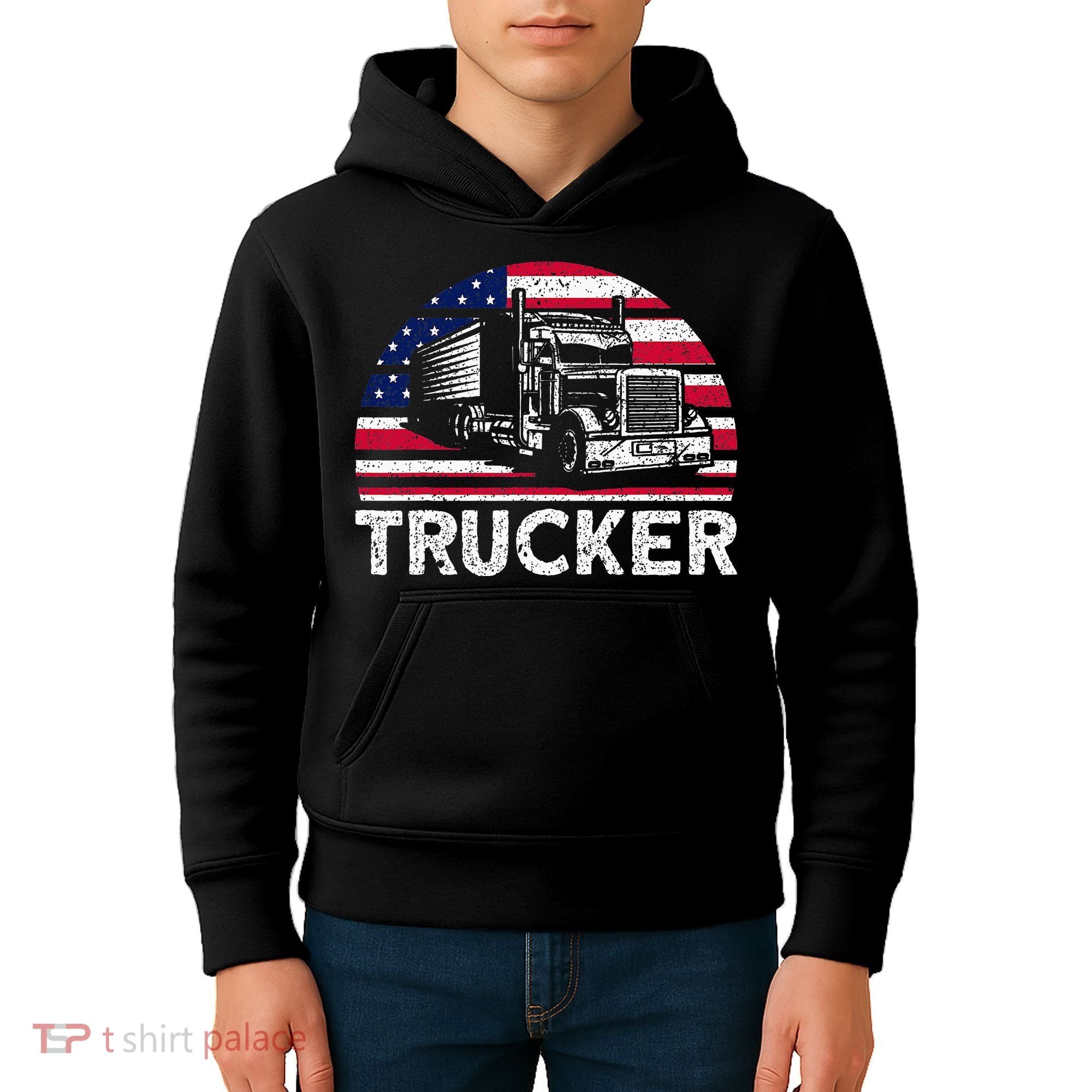 Trucker Truck Driver American Flag Trucker Kids Hoodie