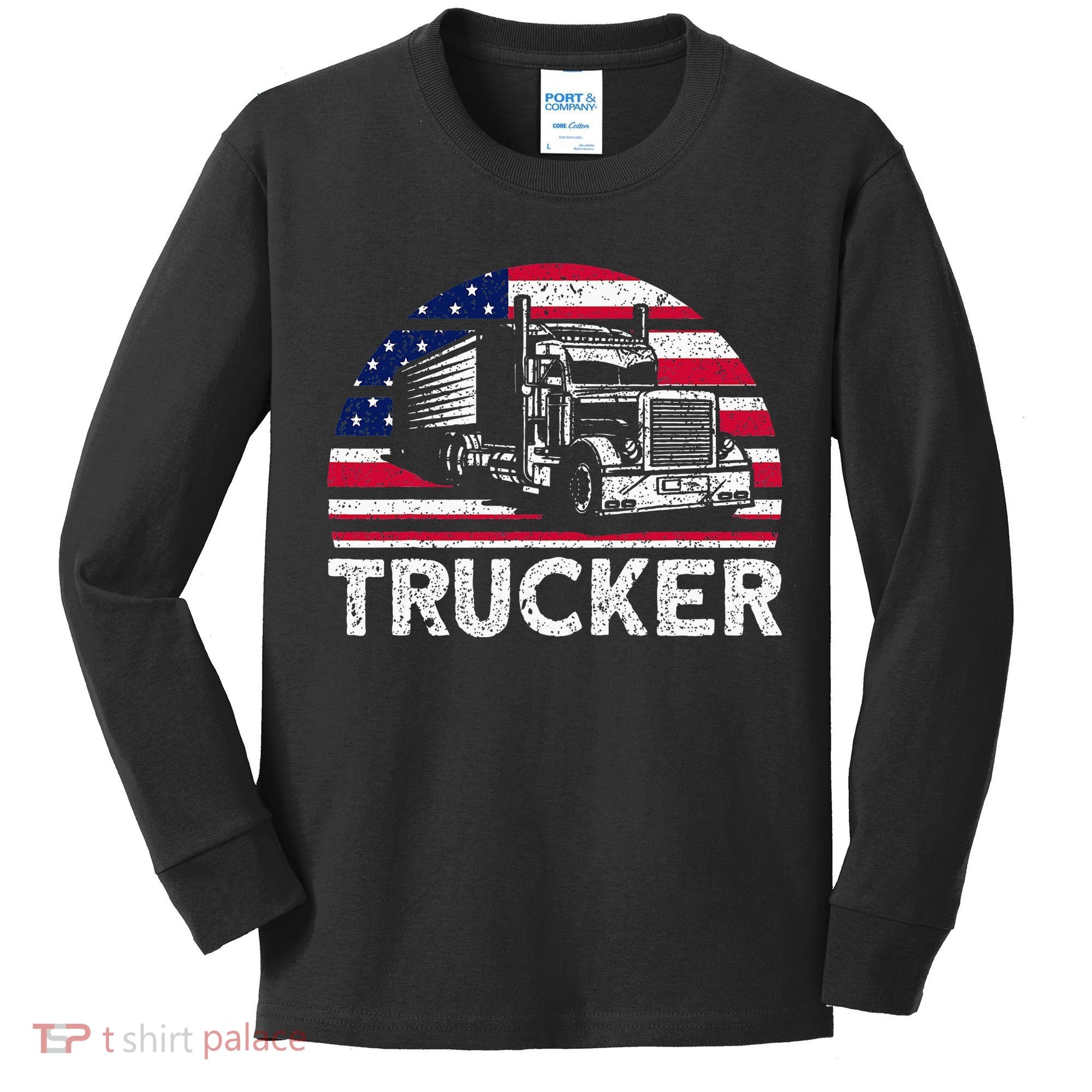 Trucker Truck Driver American Flag Trucker Kids Long Sleeve Shirt
