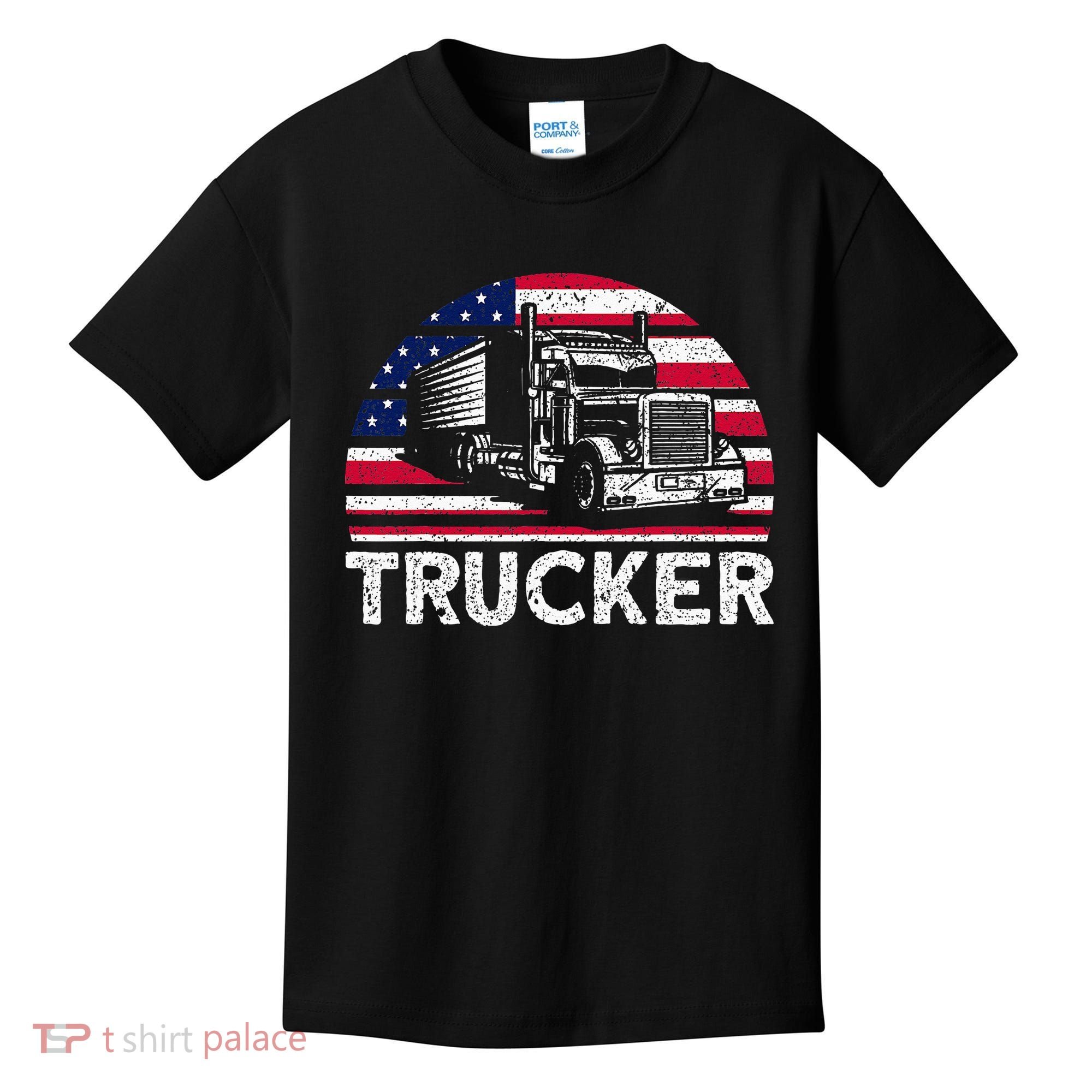 Trucker Truck Driver American Flag Trucker Kids T-Shirt