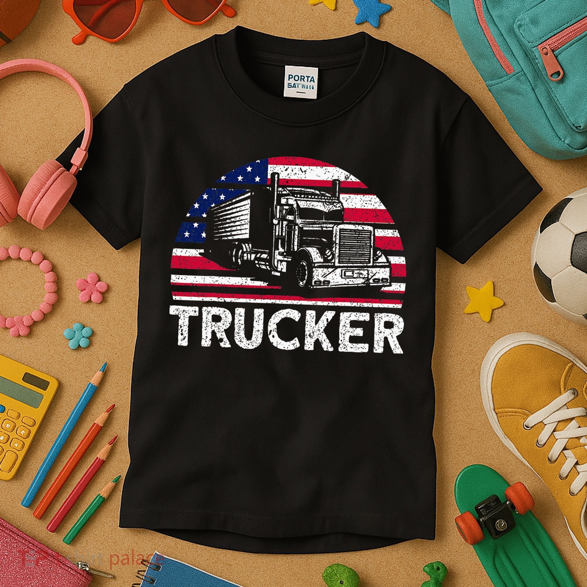 Trucker Truck Driver American Flag Trucker Kids T-Shirt