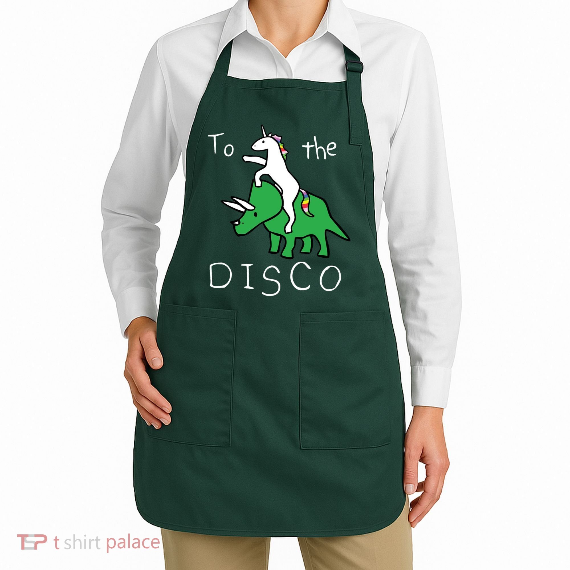 To The Disco Magical Unicorn Dinosaur Retro 80s Party Apron