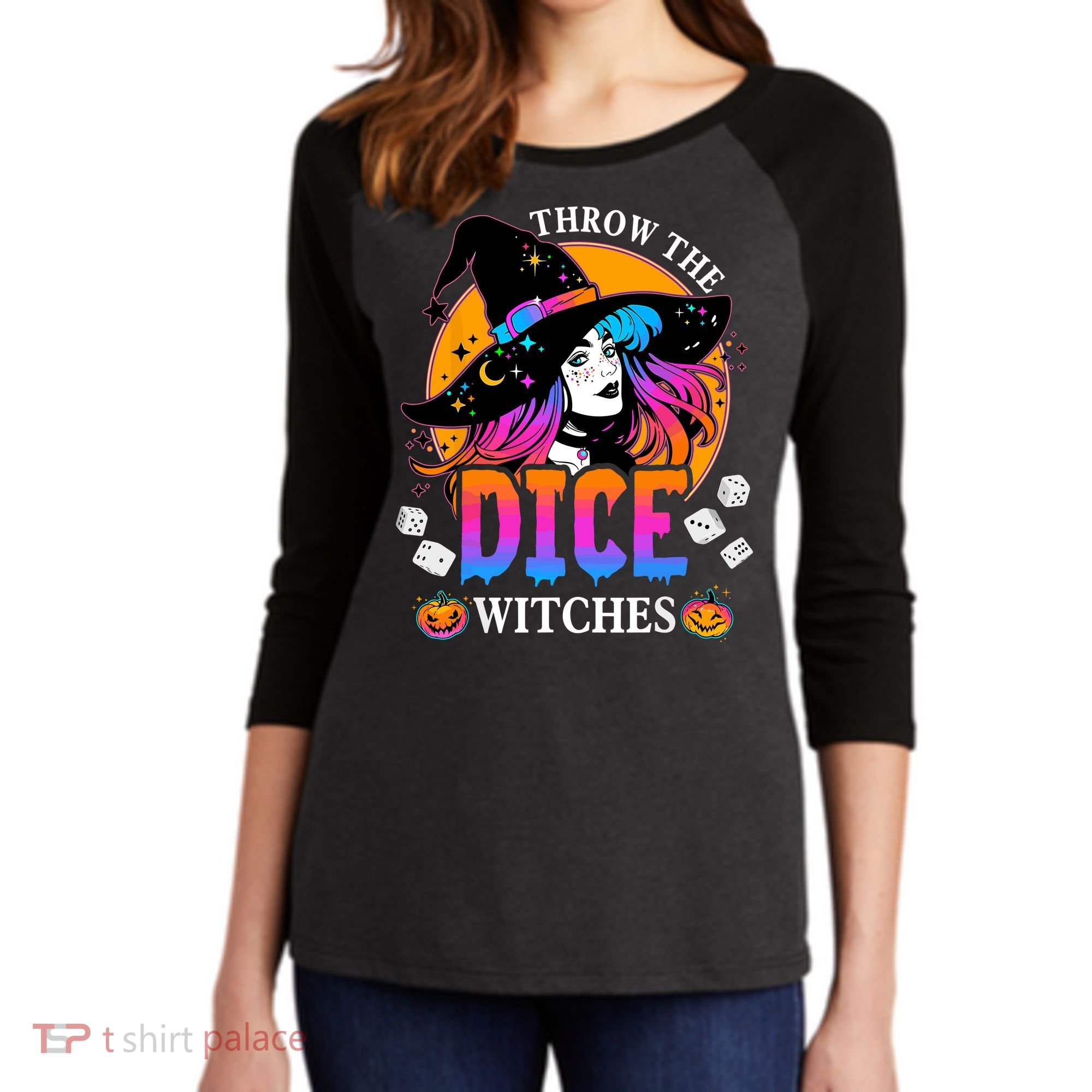 Throw The Dice Witches Bunco Happy Halloween Party Costume Women's Tri-Blend 3/4-Sleeve Raglan Shirt
