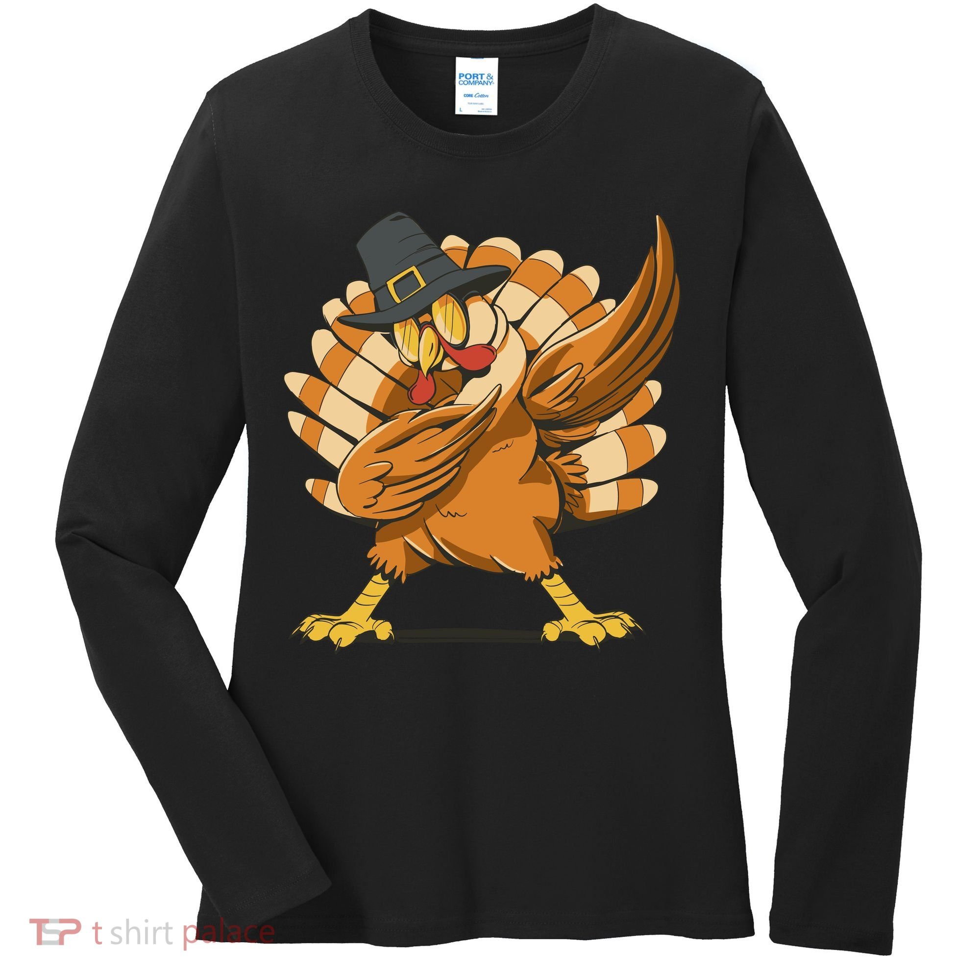 Thanksgiving Turkey Dabbing Funny Women's Long Sleeve Shirt
