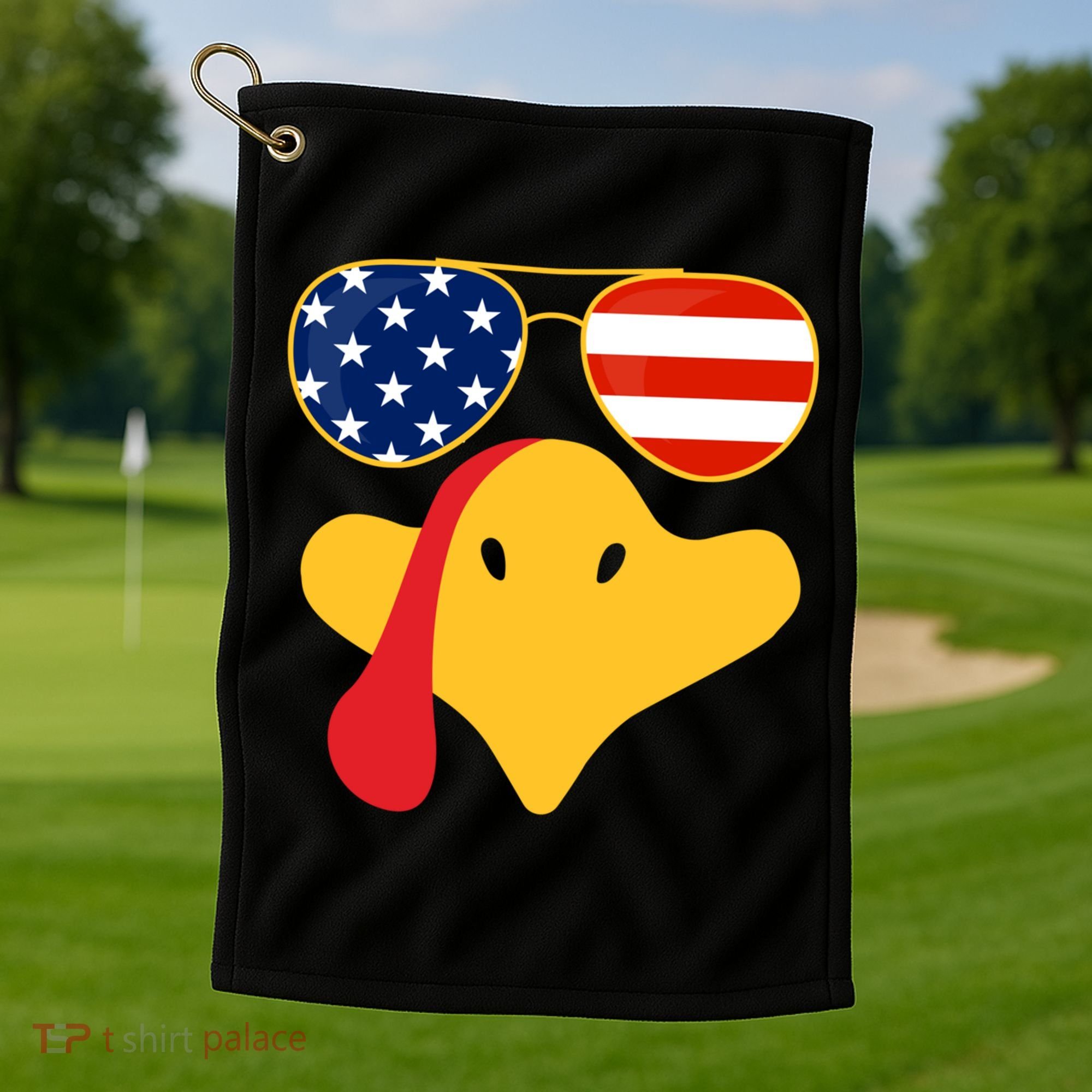 Thanksgiving Turkey Face With Usa Flag Glasses Gift Golf Towel