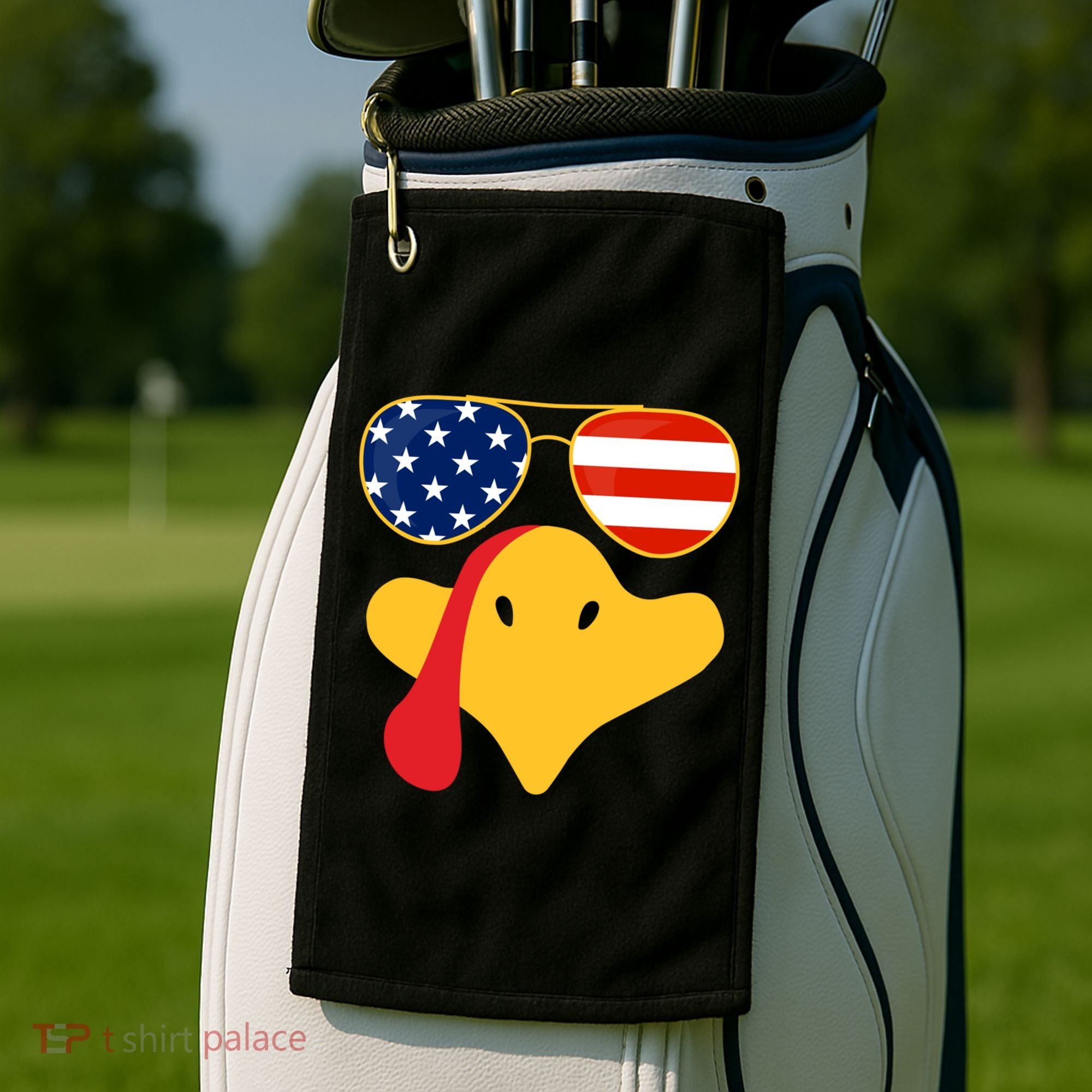 Thanksgiving Turkey Face With Usa Flag Glasses Gift Golf Towel