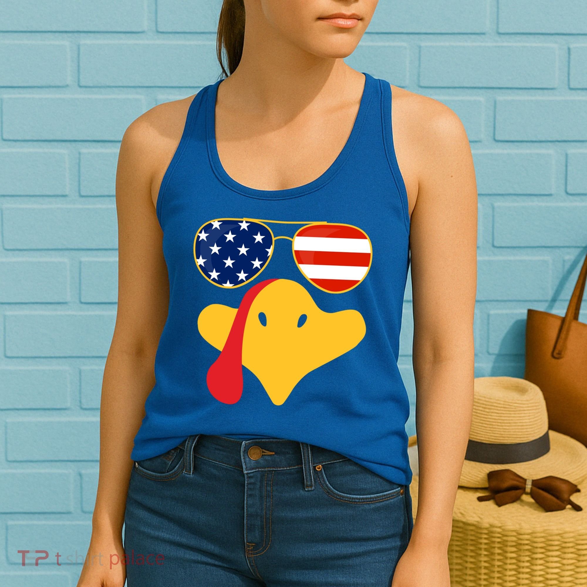 Thanksgiving Turkey Face With Usa Flag Glasses Gift Women's Tank Top
