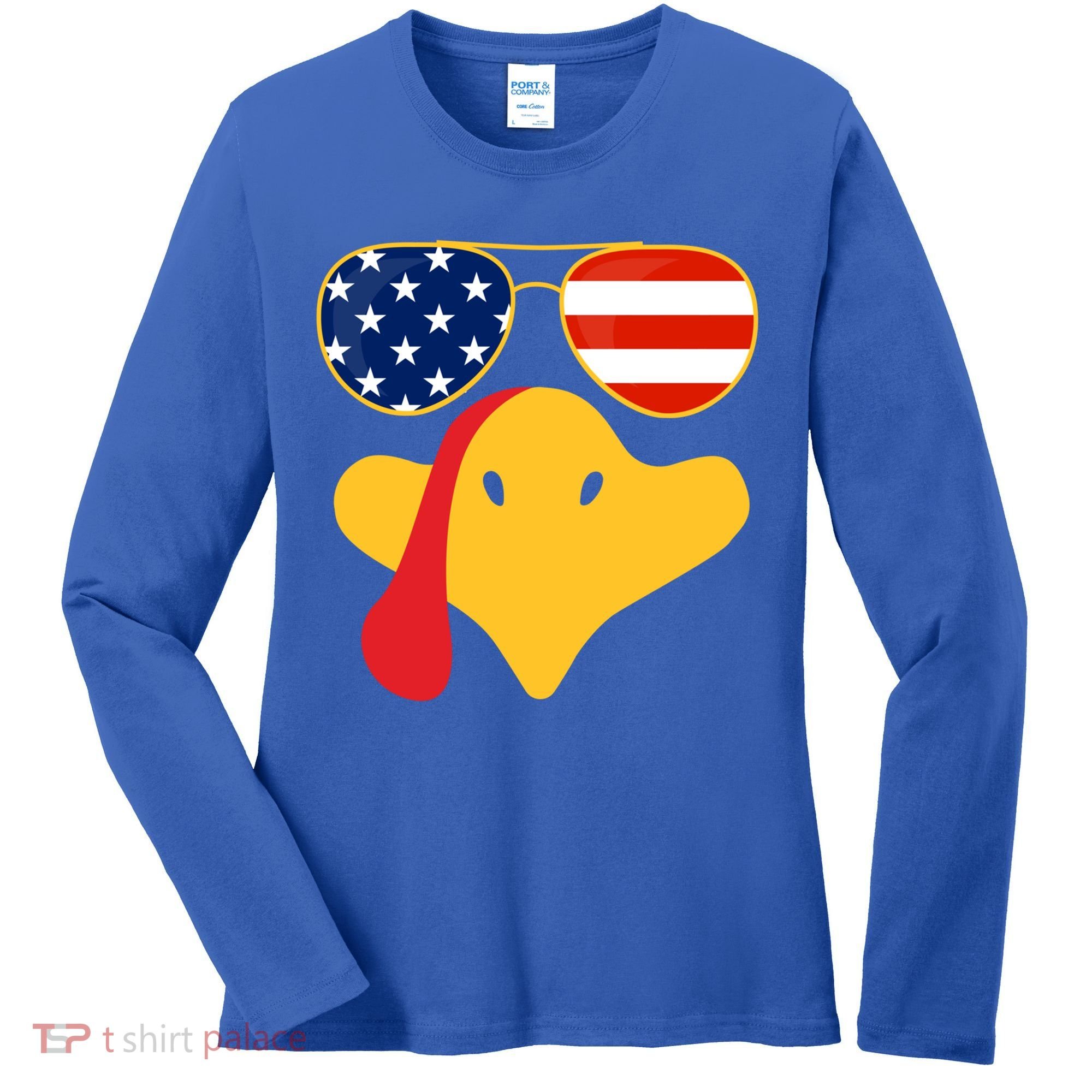 Thanksgiving Turkey Face With Usa Flag Glasses Gift Women's Long Sleeve Shirt