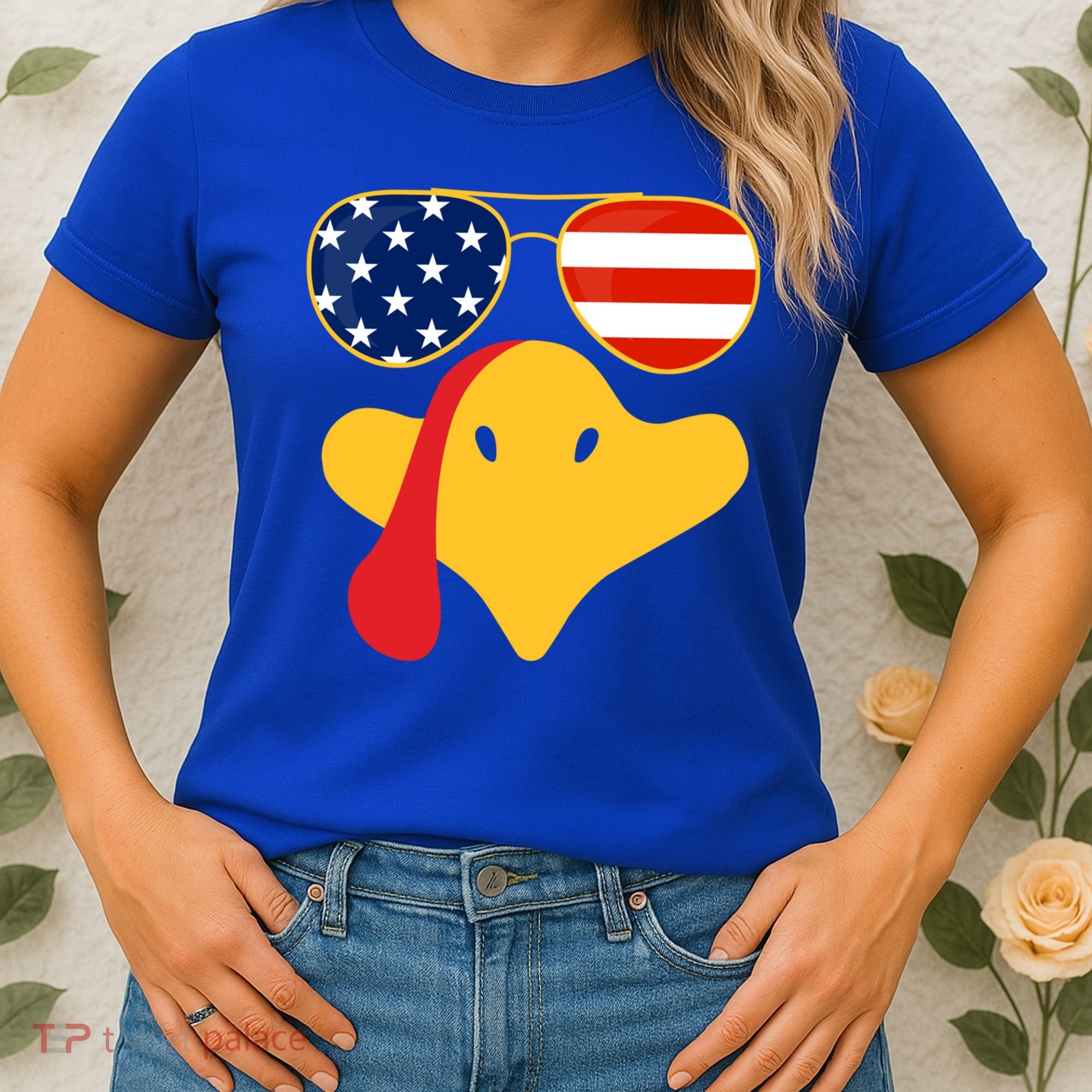 Thanksgiving Turkey Face With Usa Flag Glasses Gift Women's T-Shirt