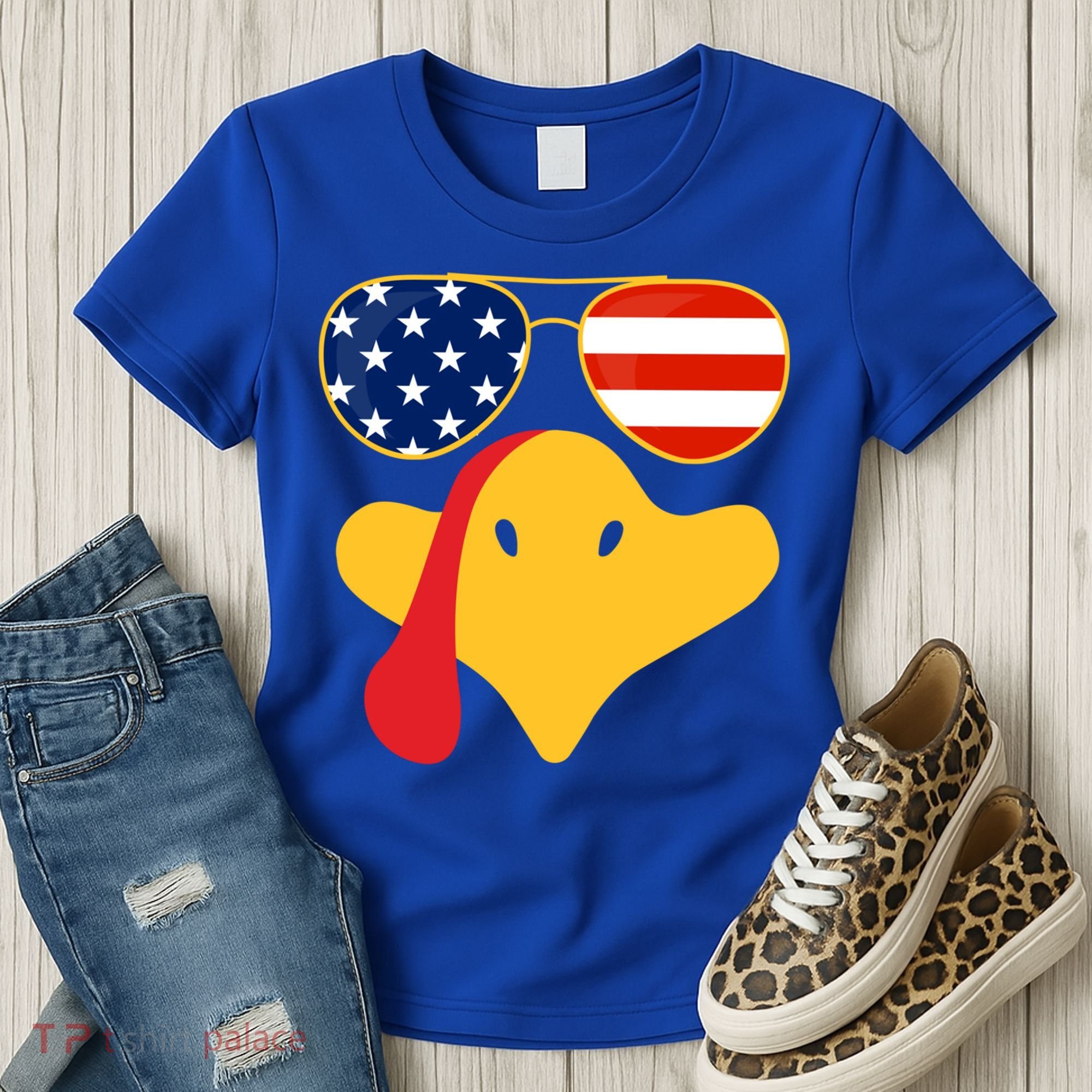 Thanksgiving Turkey Face With Usa Flag Glasses Gift Women's T-Shirt