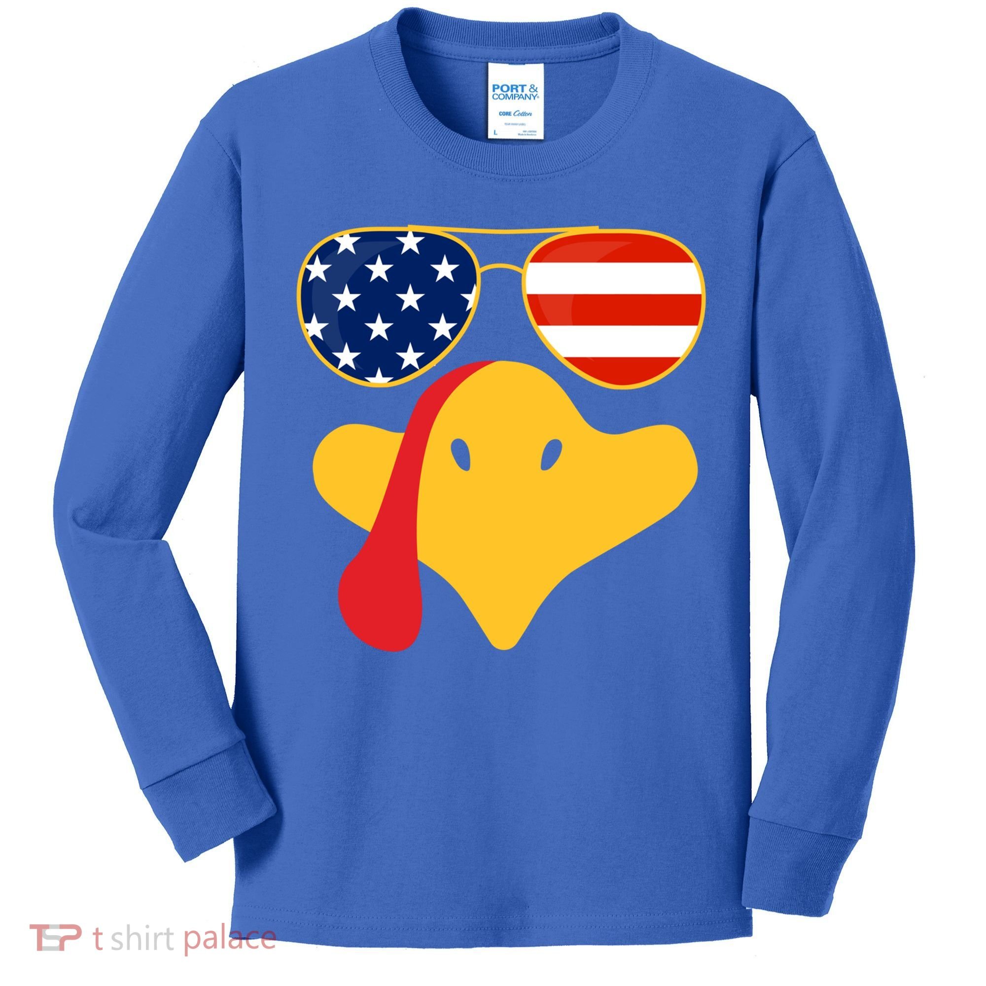 Thanksgiving Turkey Face With Usa Flag Glasses Gift Kids Long Sleeve Shirt