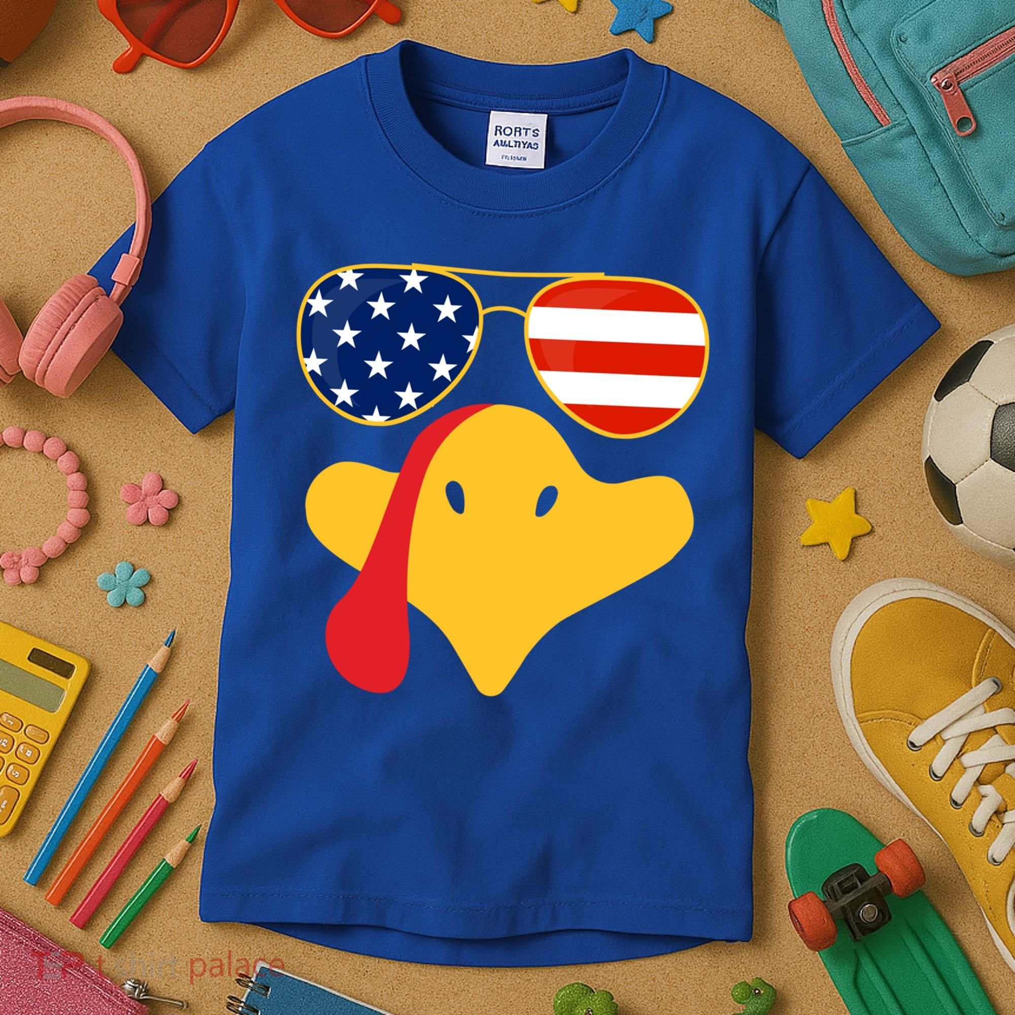 Thanksgiving Turkey Face With Usa Flag Glasses Gift Kids T-Shirt