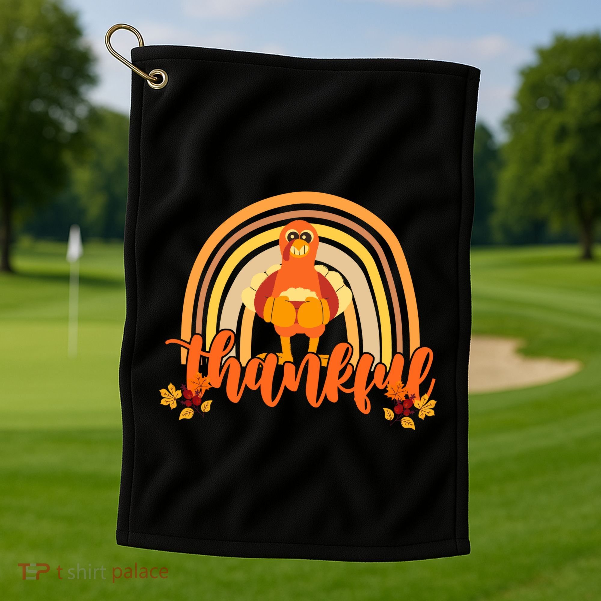 Thankful Turkey Fall Rainbow Thanksgiving Golf Towel